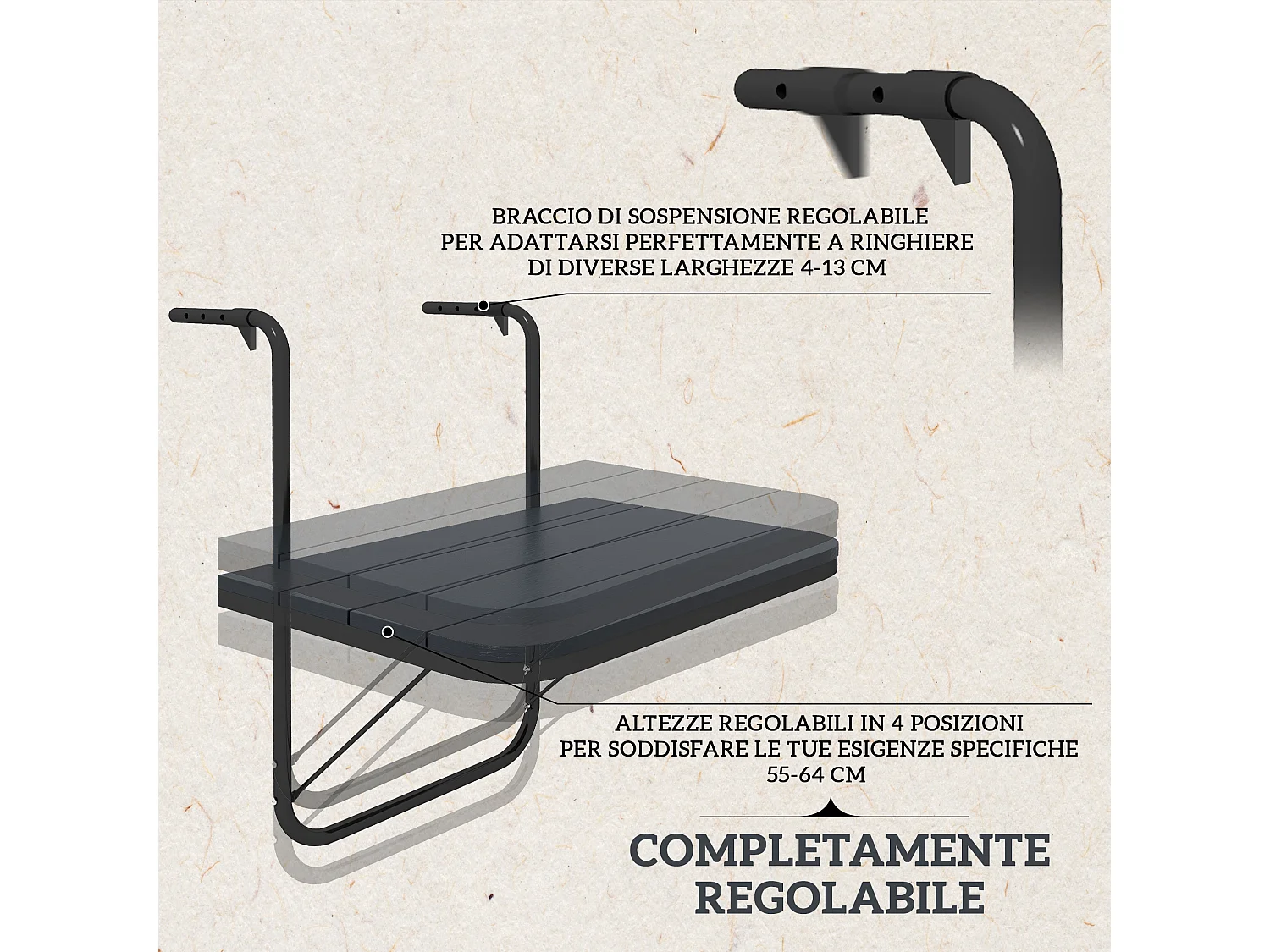 Tavolino da balcone pieghevole e regolabile 60x40x55-64 cm nero