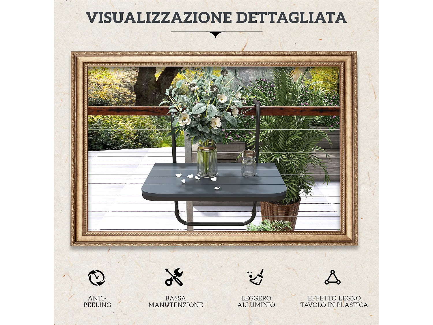 Tavolino da balcone pieghevole e regolabile 60x40x55-64 cm nero