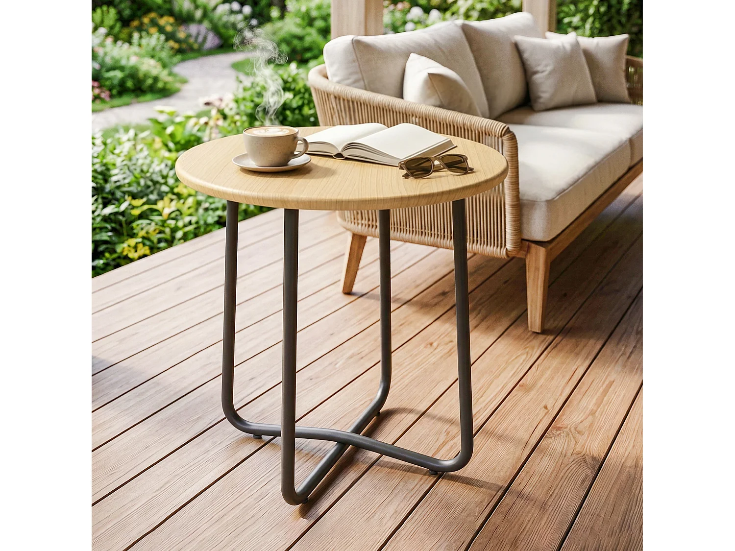 Tavolino da giardino rotondo in metallo effetto legno naturale