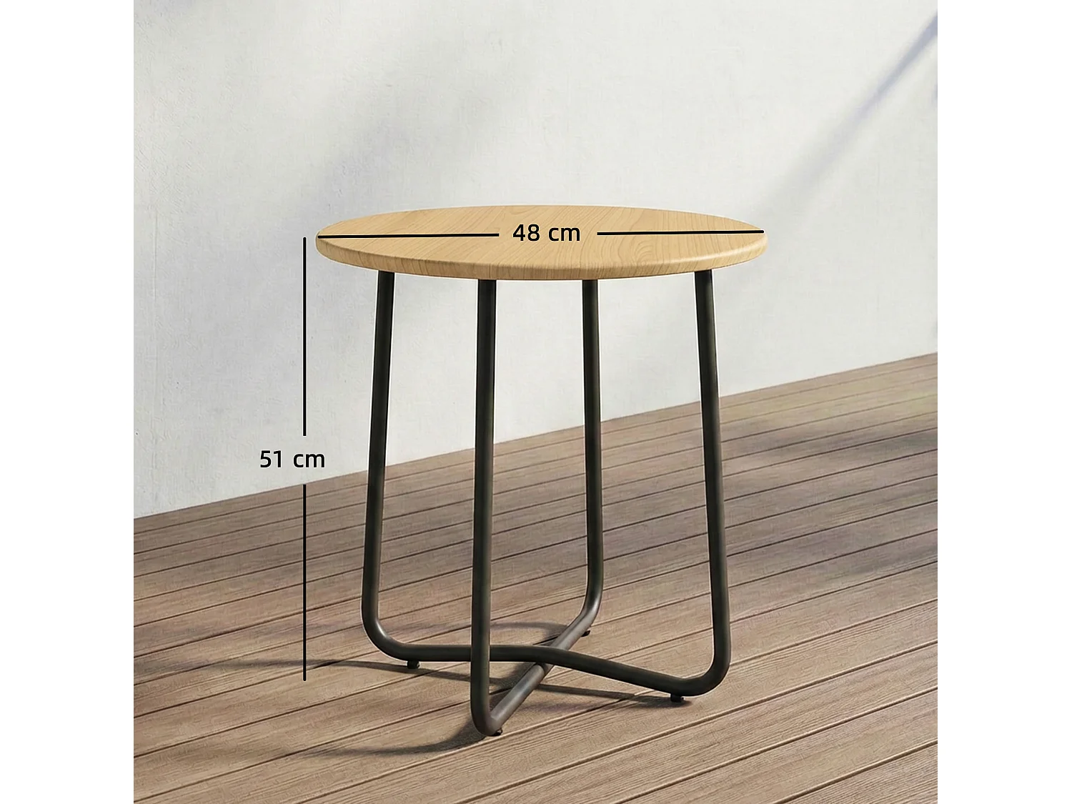 Tavolino da giardino rotondo in metallo effetto legno naturale