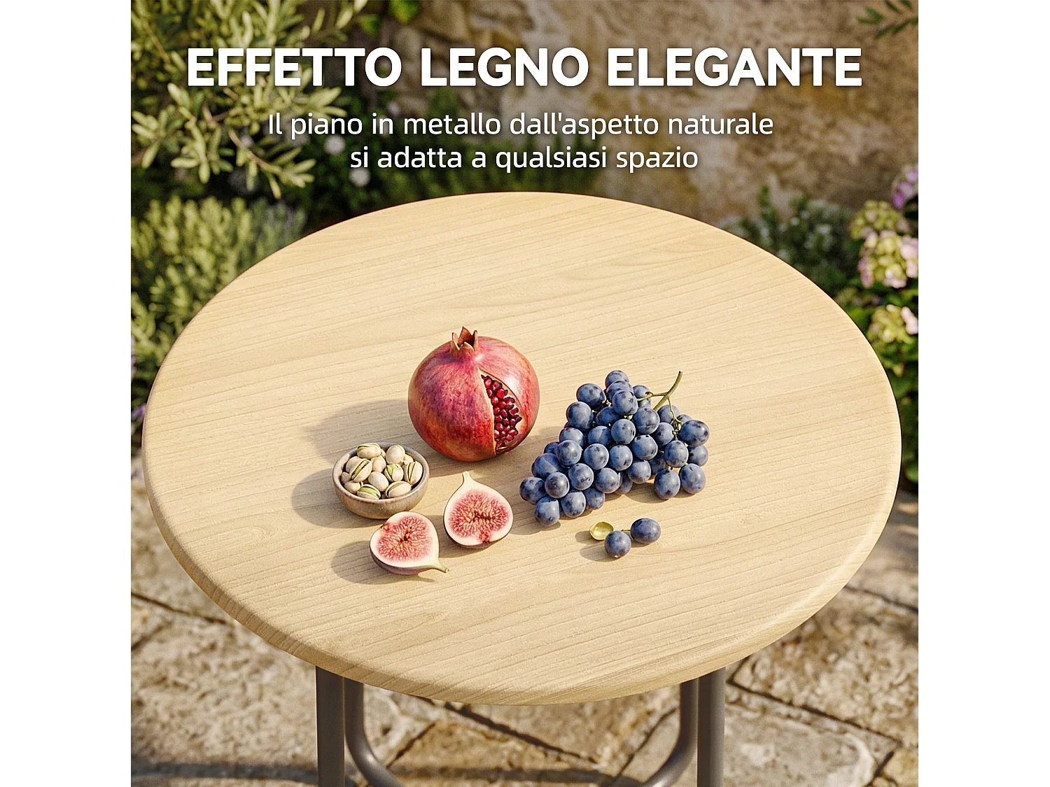 Tavolino da giardino rotondo in metallo effetto legno naturale