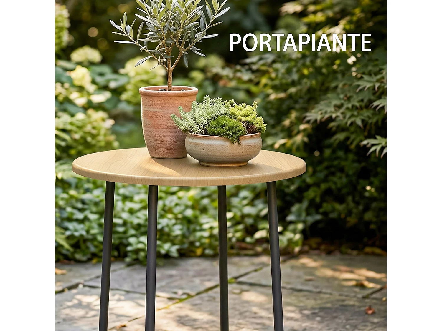 Tavolino da giardino rotondo in metallo effetto legno naturale