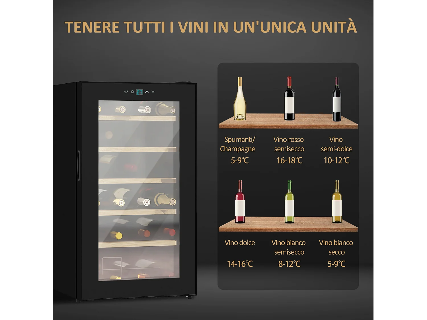 Cantinetta frigo per 24 bottiglie temperatura regolabile e 6 ripiani