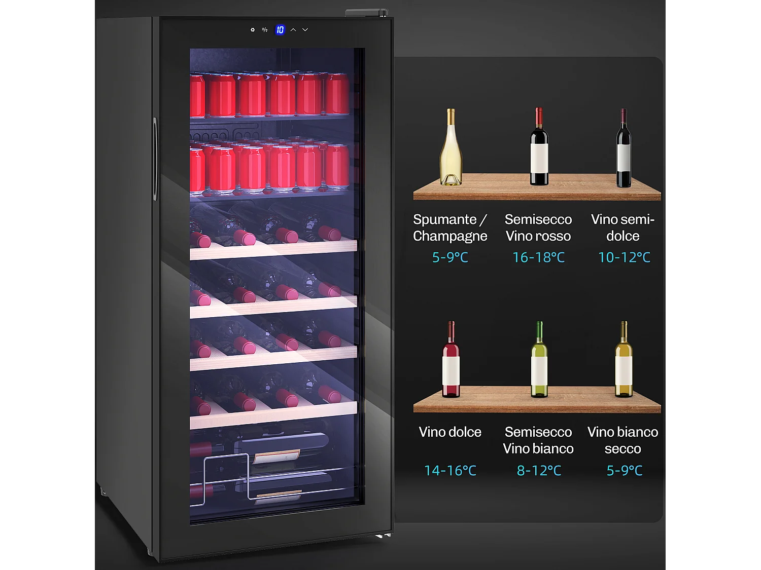 Cantinetta vino refrigerata 92 litri porta in vetro nero