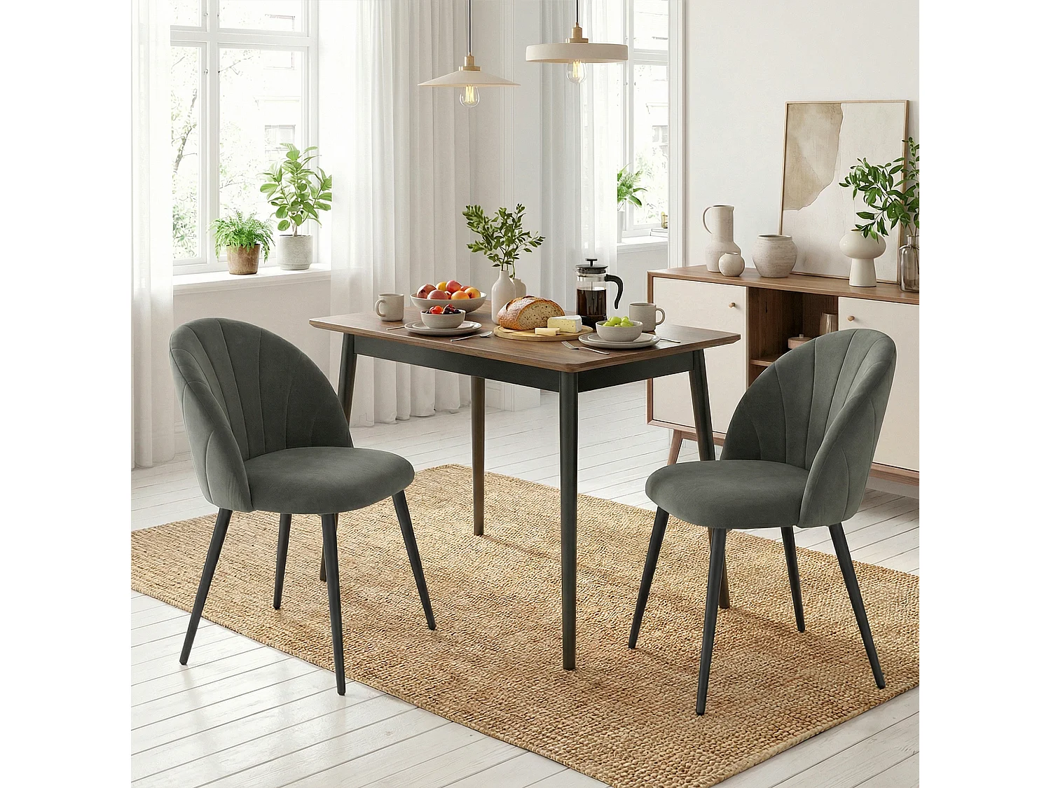 Set 2 sedie da pranzo con schienale a conchiglia in velluto grigio