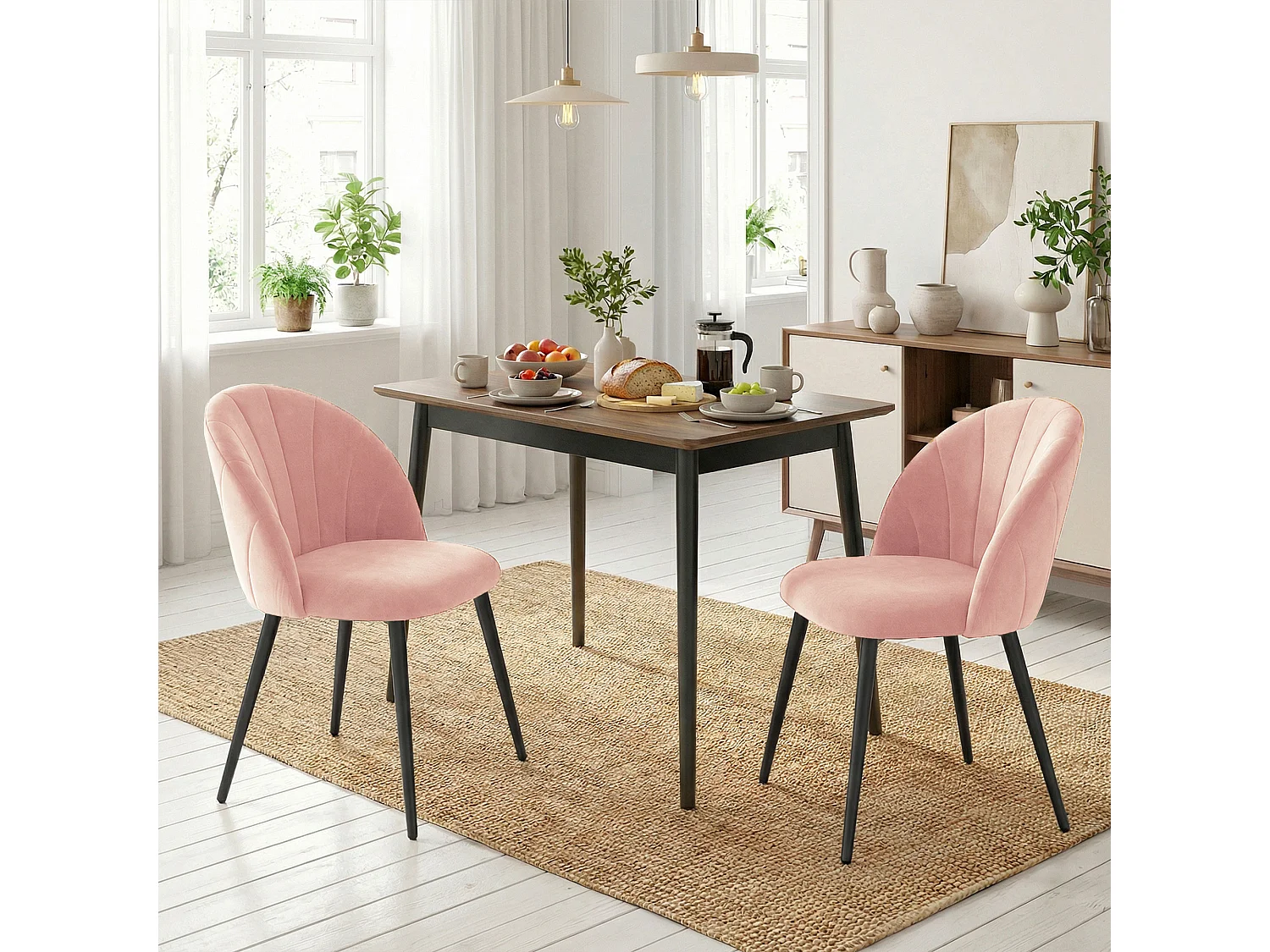 Set 2 sedie da pranzo con schienale a conchiglia in velluto rosa
