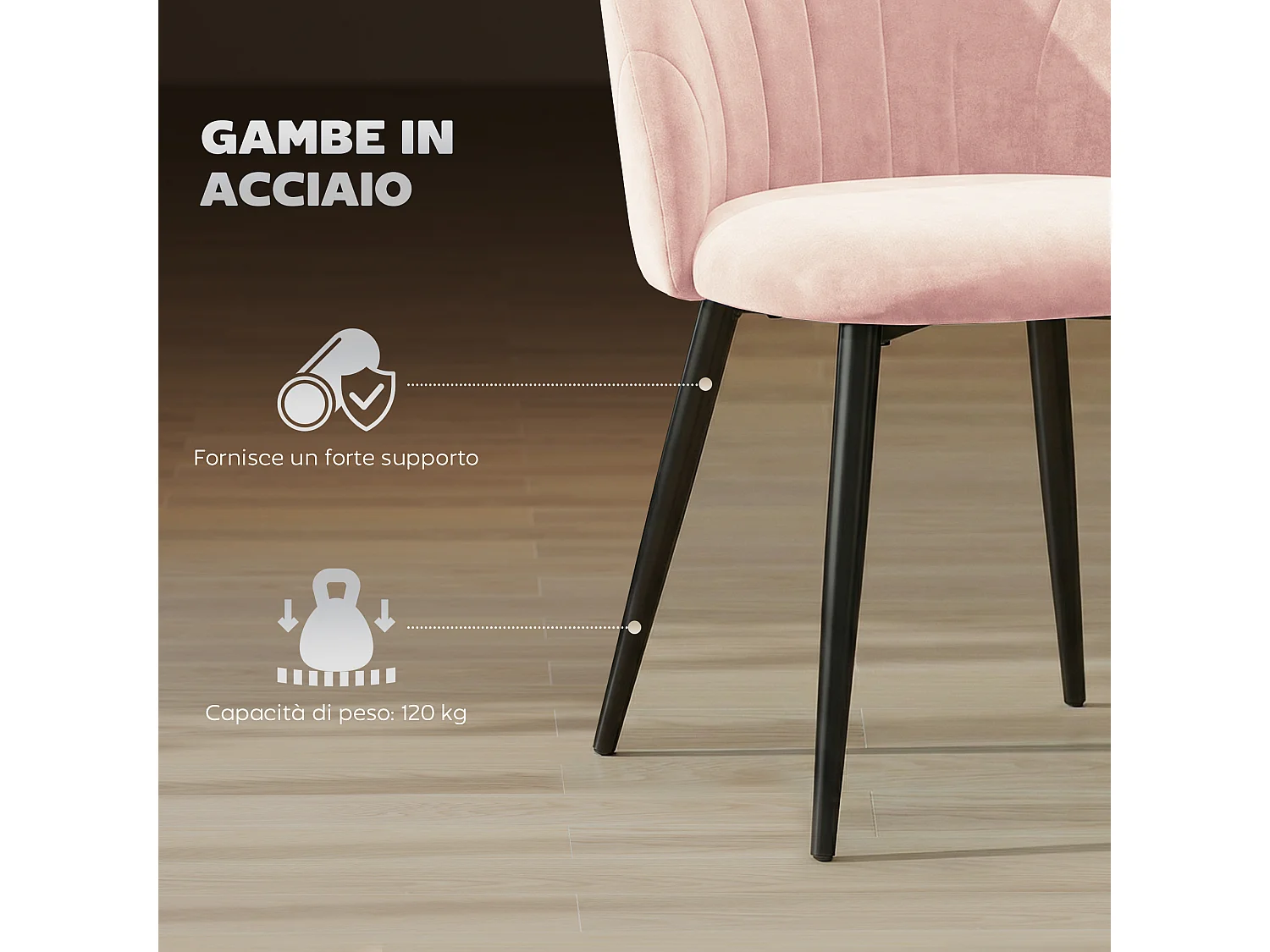 Set 2 sedie da pranzo con schienale a conchiglia in velluto rosa
