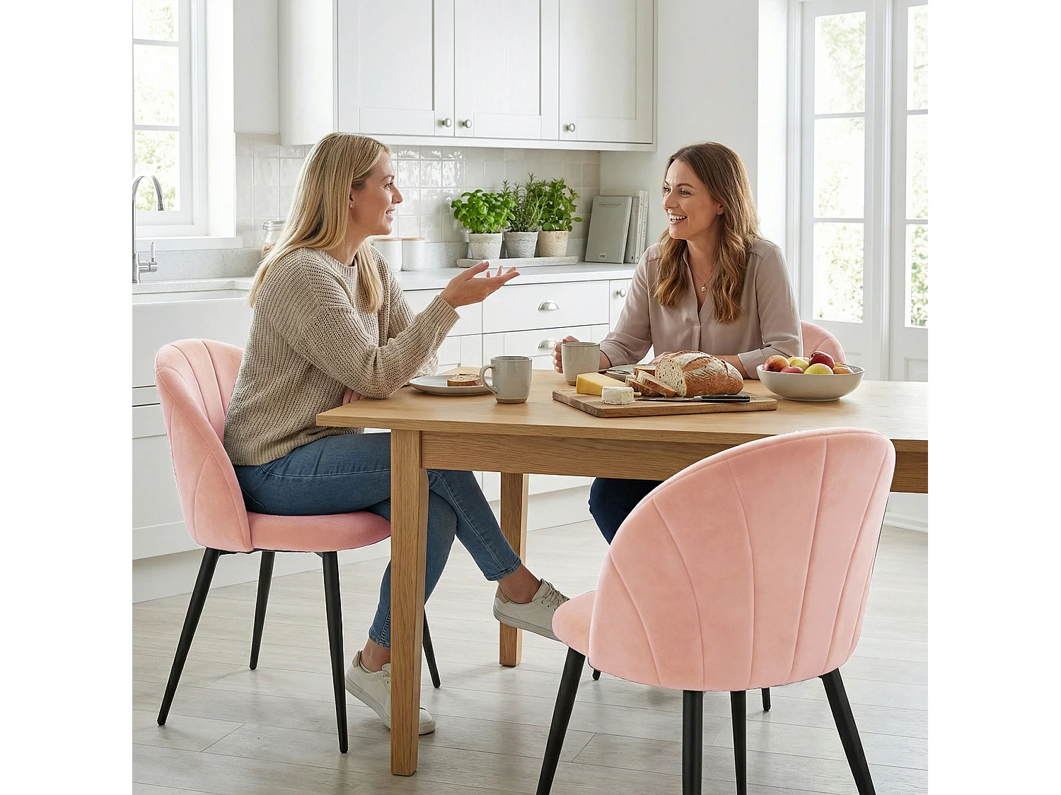 Set 2 sedie da pranzo con schienale a conchiglia in velluto rosa