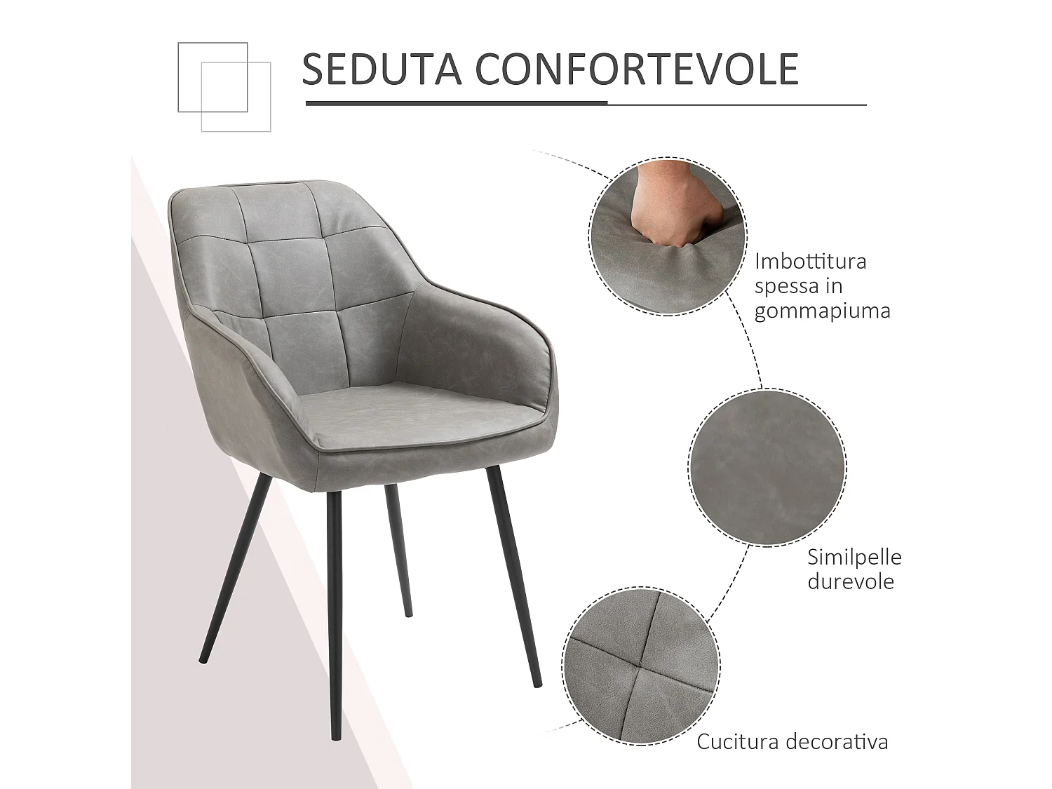 Sedia per sala da pranzo moderna in similpelle grigia