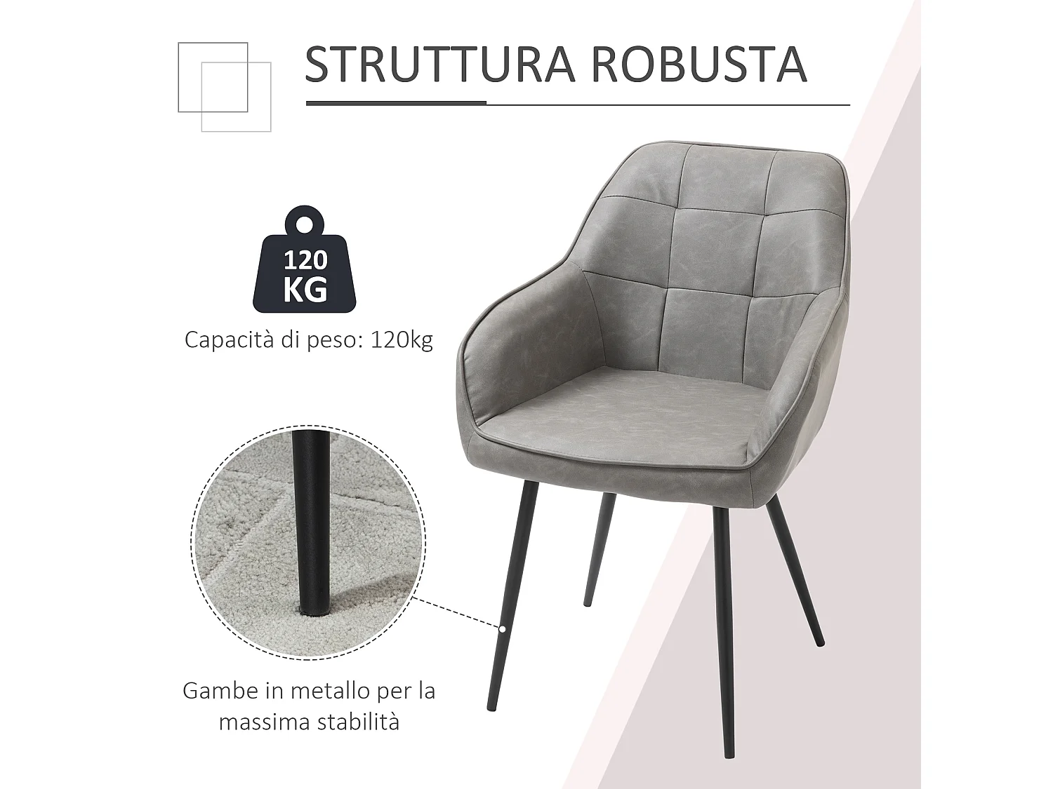 Sedia per sala da pranzo moderna in similpelle grigia