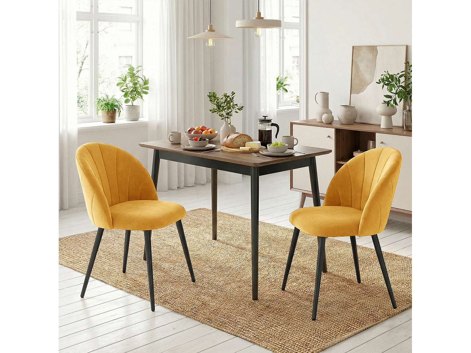 Set 2 sedie da pranzo con schienale a conchiglia in velluto giallo