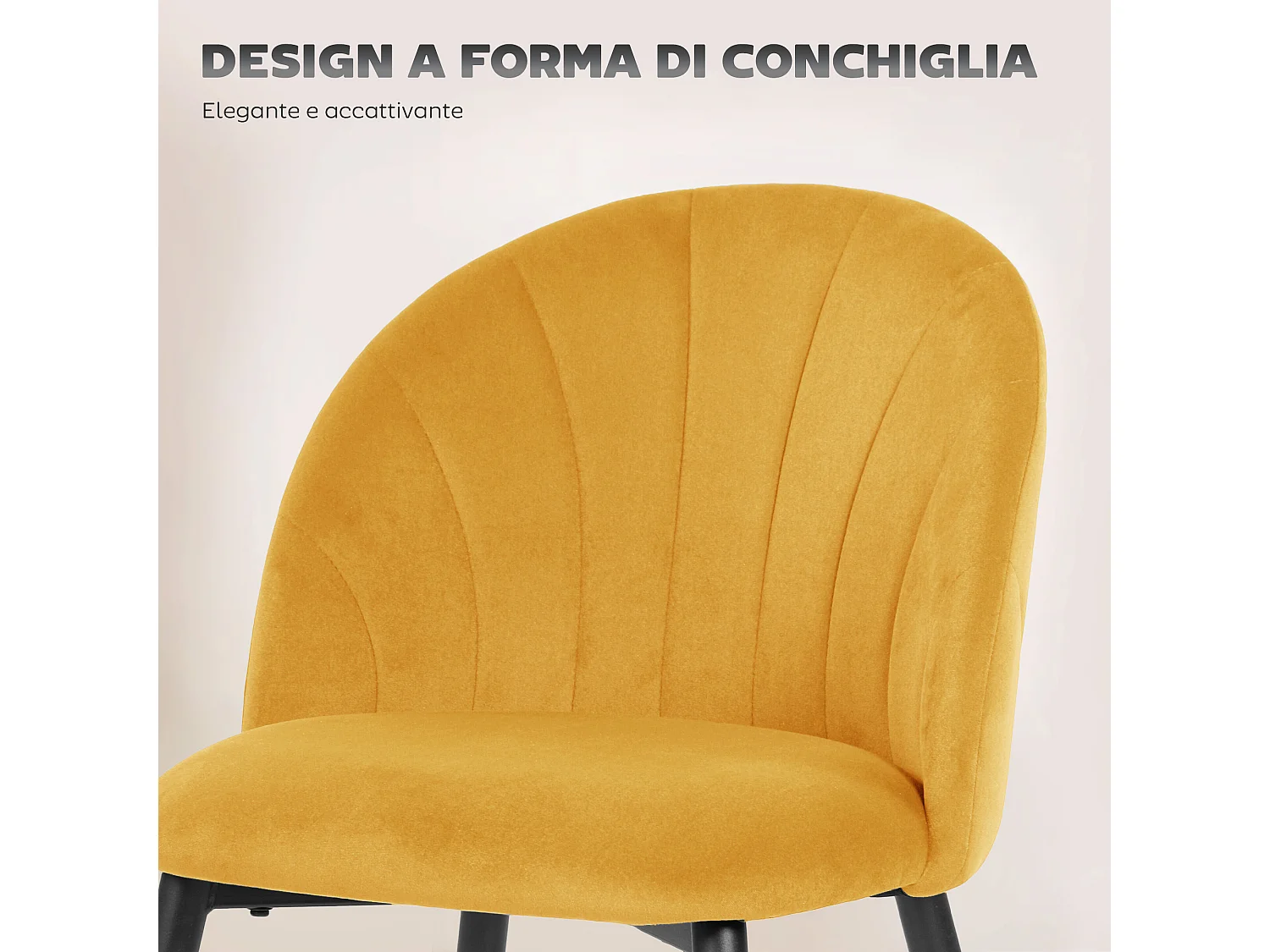 Set 2 sedie da pranzo con schienale a conchiglia in velluto giallo