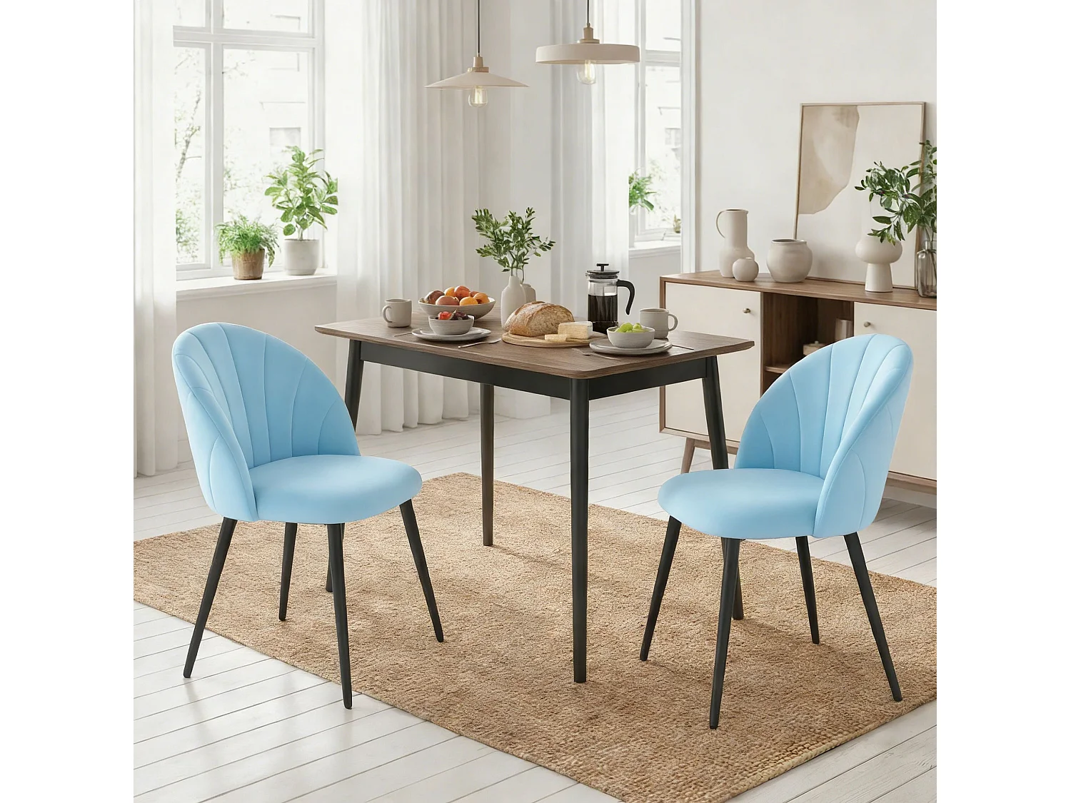Set 2 sedie da pranzo con schienale a conchiglia in velluto azzurro