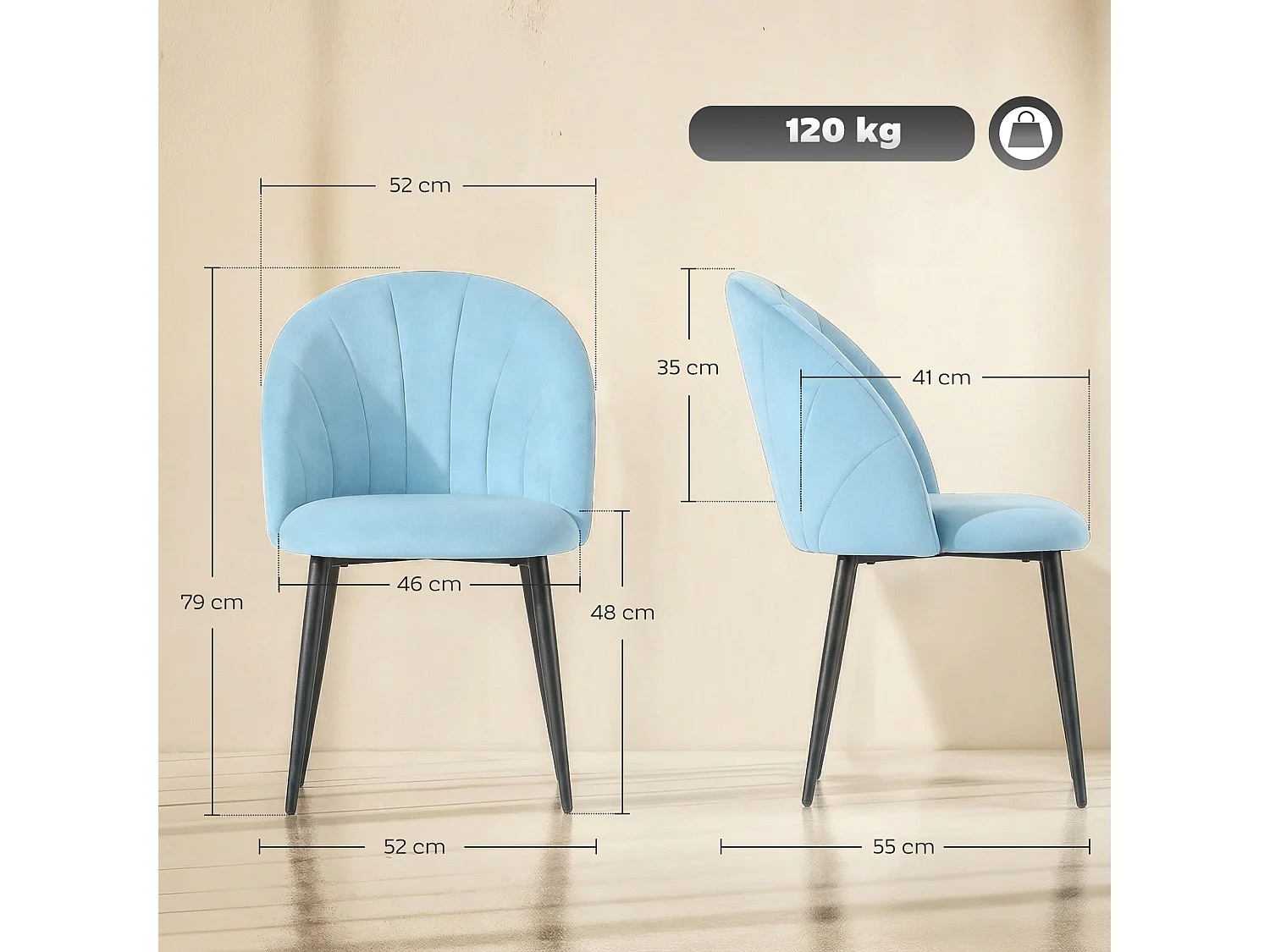 Set 2 sedie da pranzo con schienale a conchiglia in velluto azzurro