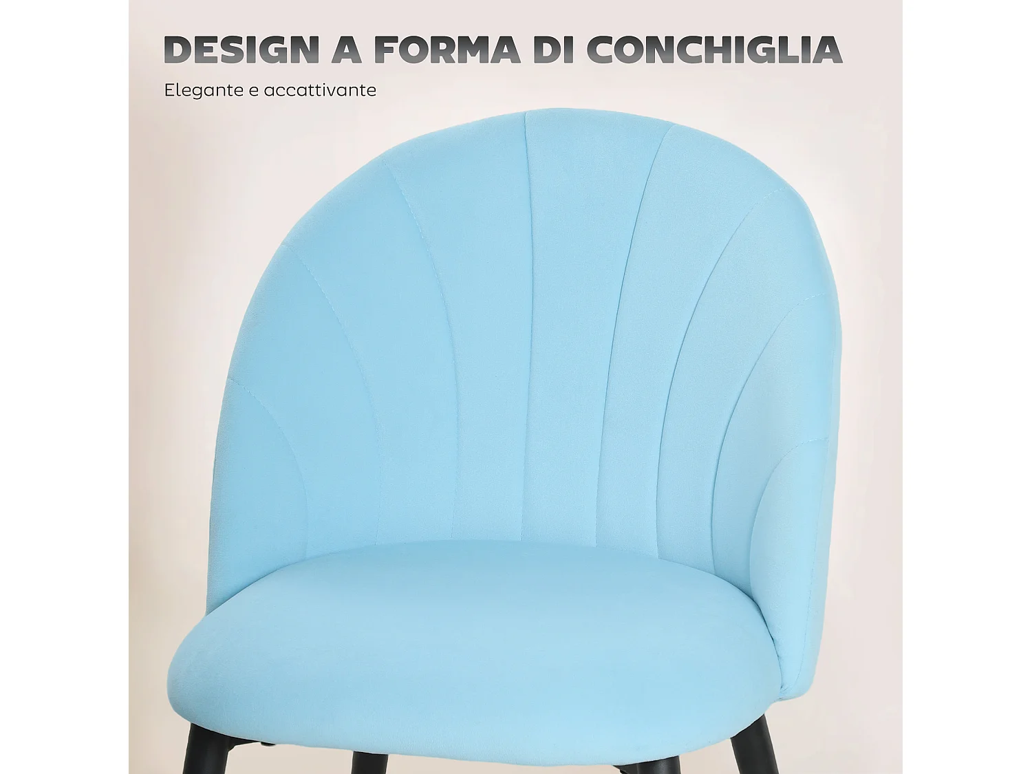 Set 2 sedie da pranzo con schienale a conchiglia in velluto azzurro