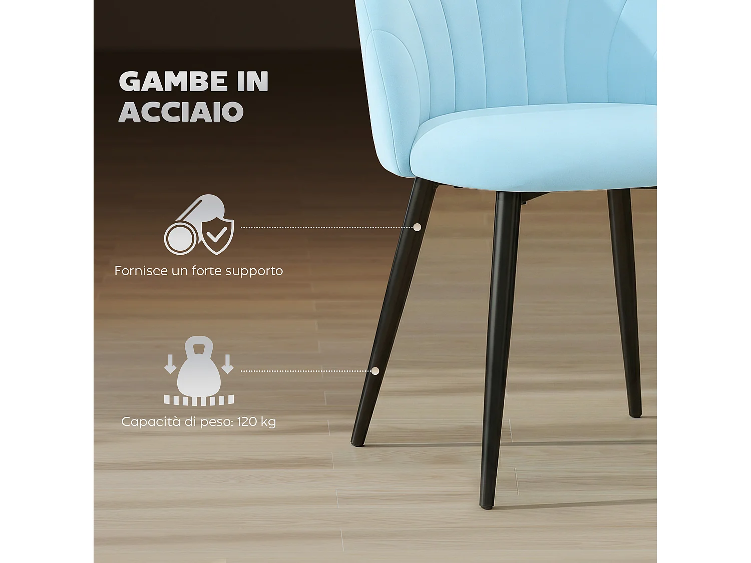 Set 2 sedie da pranzo con schienale a conchiglia in velluto azzurro