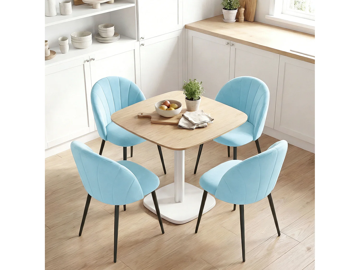 Set 2 sedie da pranzo con schienale a conchiglia in velluto azzurro