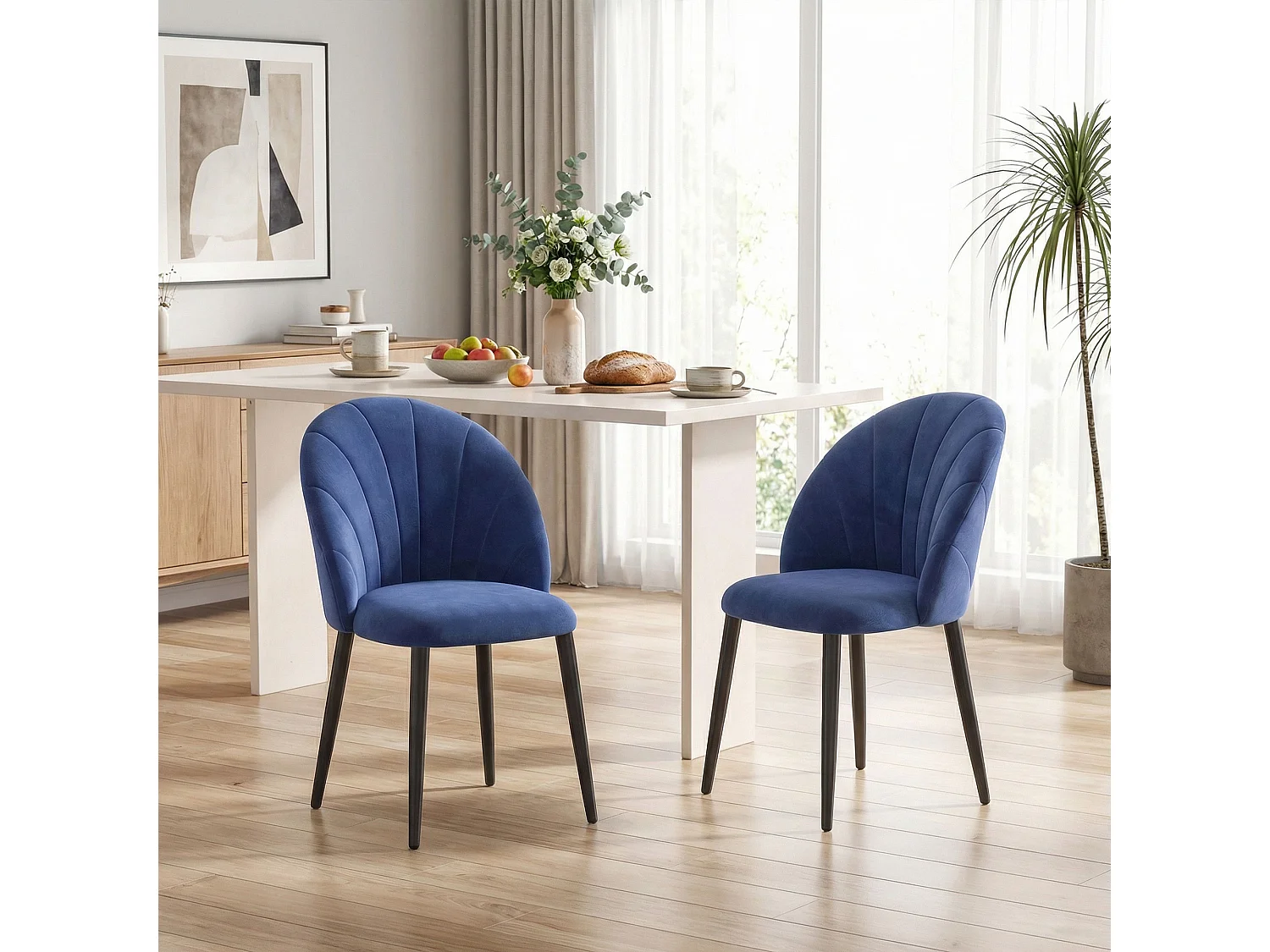 Set 2 sedie da pranzo con schienale a conchiglia in velluto blu