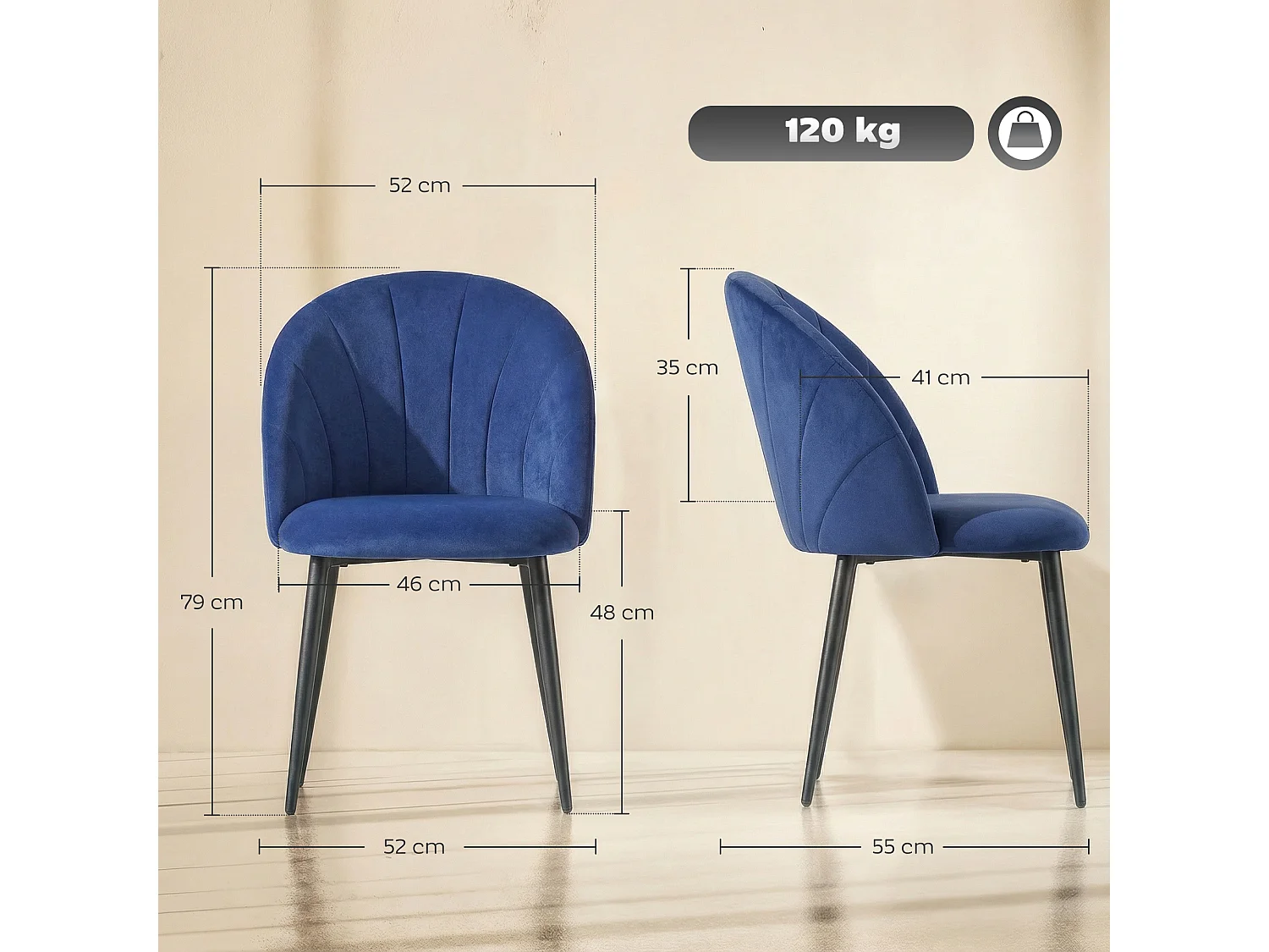 Set 2 sedie da pranzo con schienale a conchiglia in velluto blu