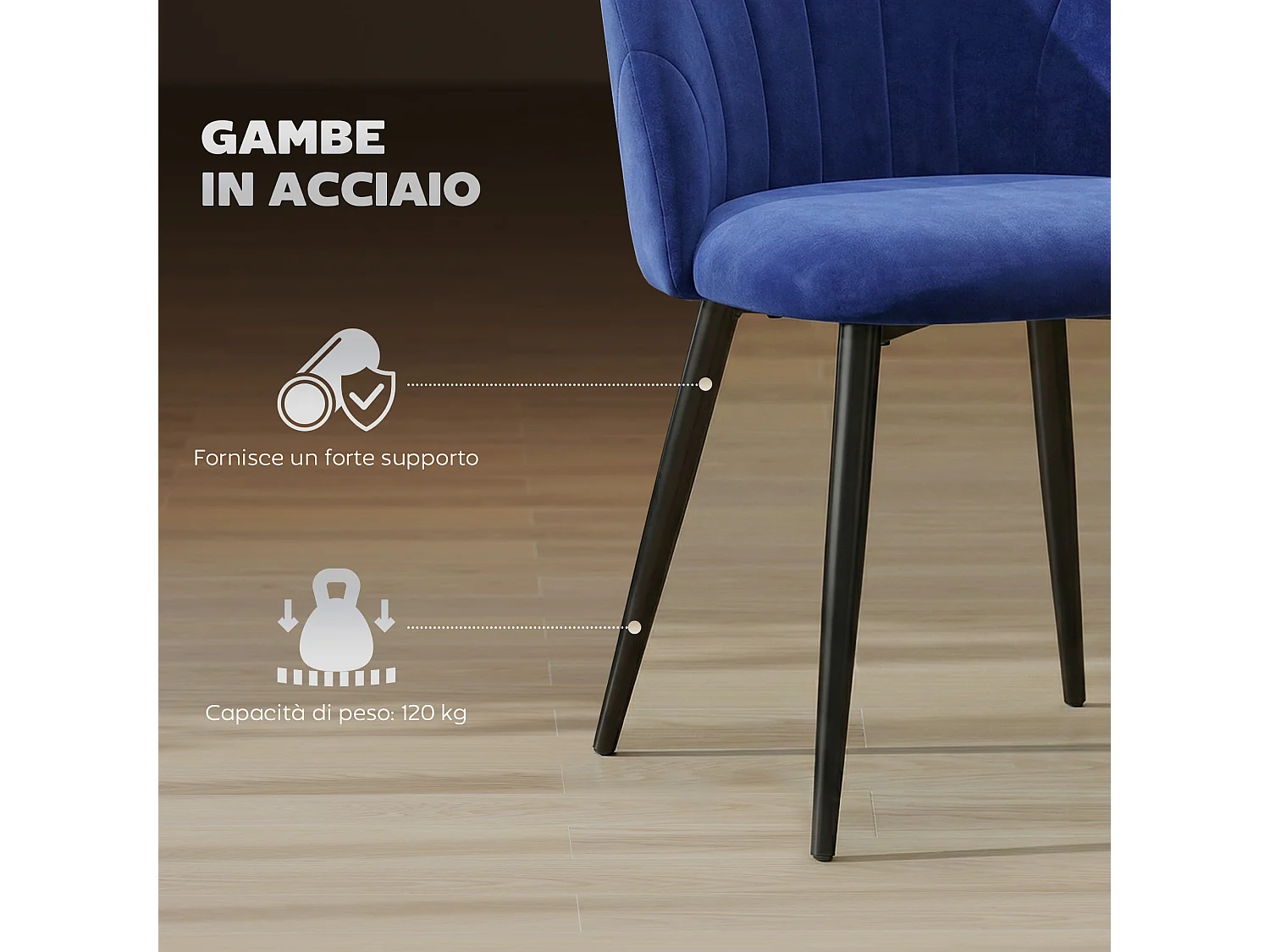 Set 2 sedie da pranzo con schienale a conchiglia in velluto blu