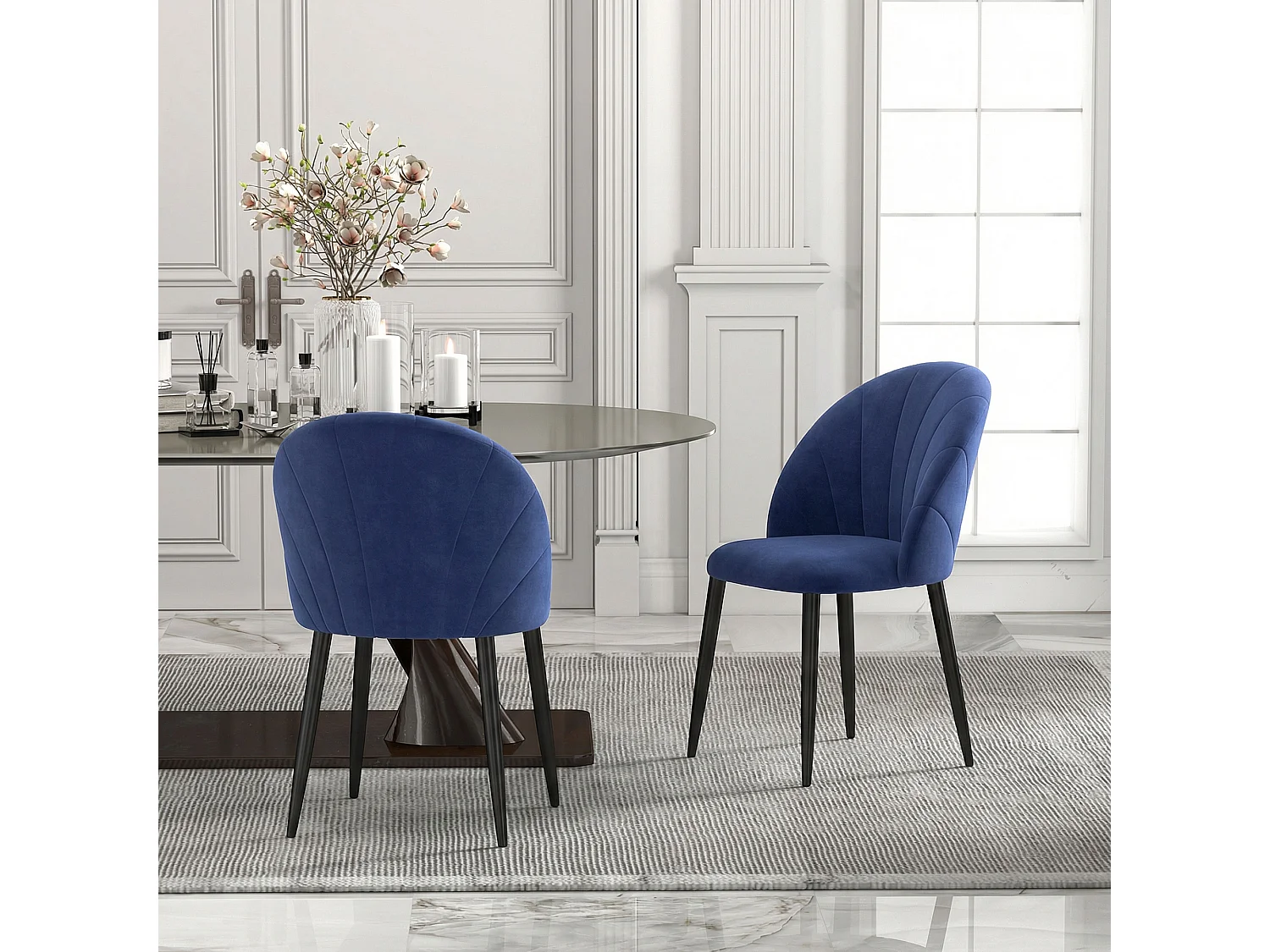 Set 2 sedie da pranzo con schienale a conchiglia in velluto blu