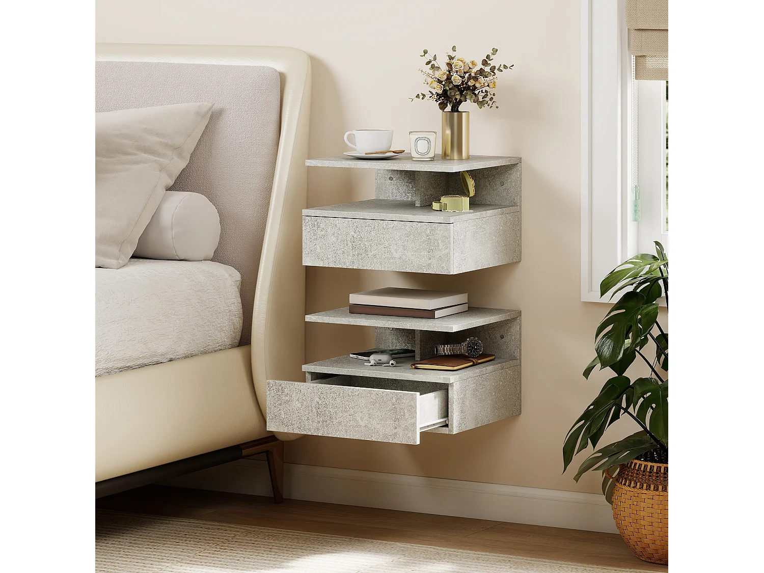 Set di 2 comodini sospesi con cassetto e ripiano grigio cemento