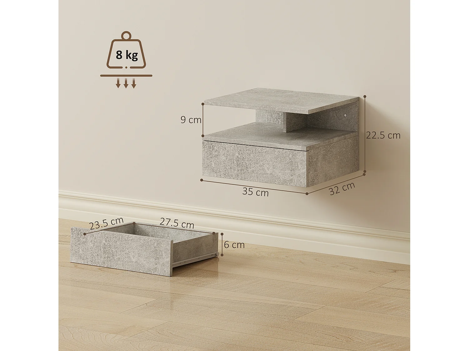 Set di 2 comodini sospesi con cassetto e ripiano grigio cemento