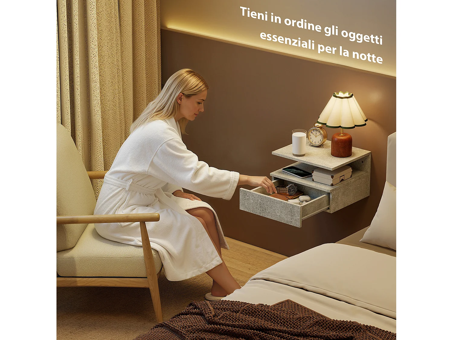 Set di 2 comodini sospesi con cassetto e ripiano grigio cemento
