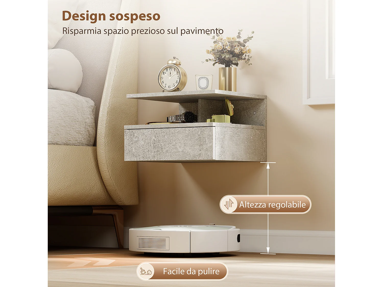 Set di 2 comodini sospesi con cassetto e ripiano grigio cemento