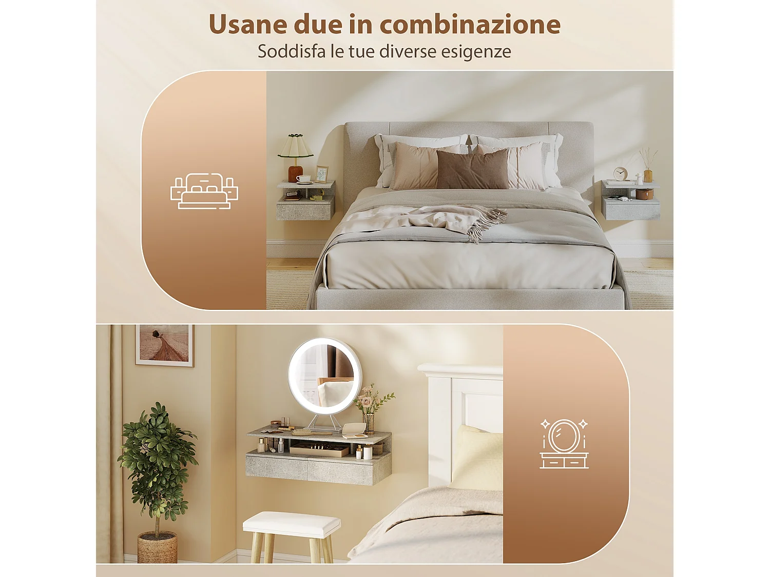 Set di 2 comodini sospesi con cassetto e ripiano grigio cemento