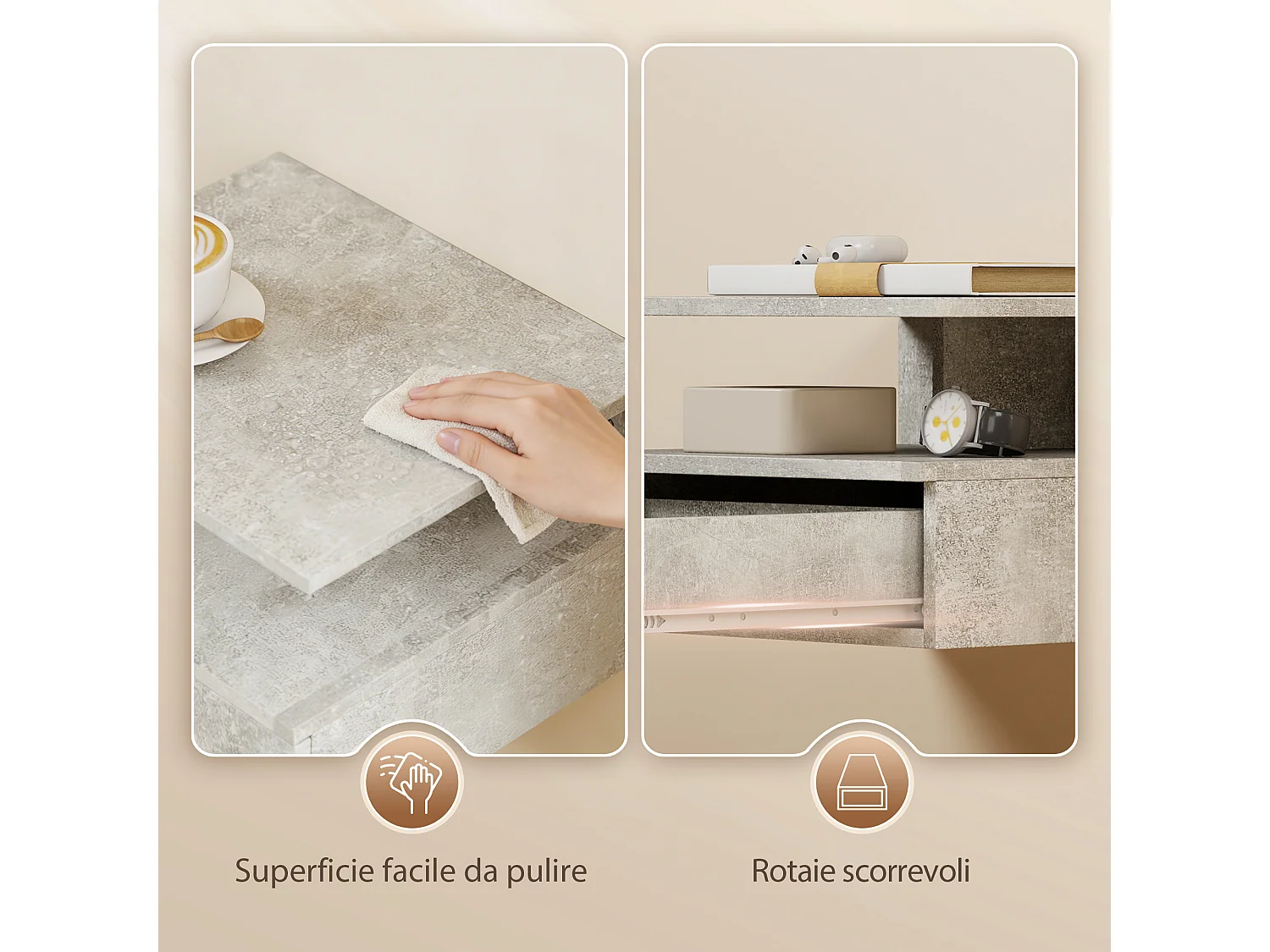 Set di 2 comodini sospesi con cassetto e ripiano grigio cemento