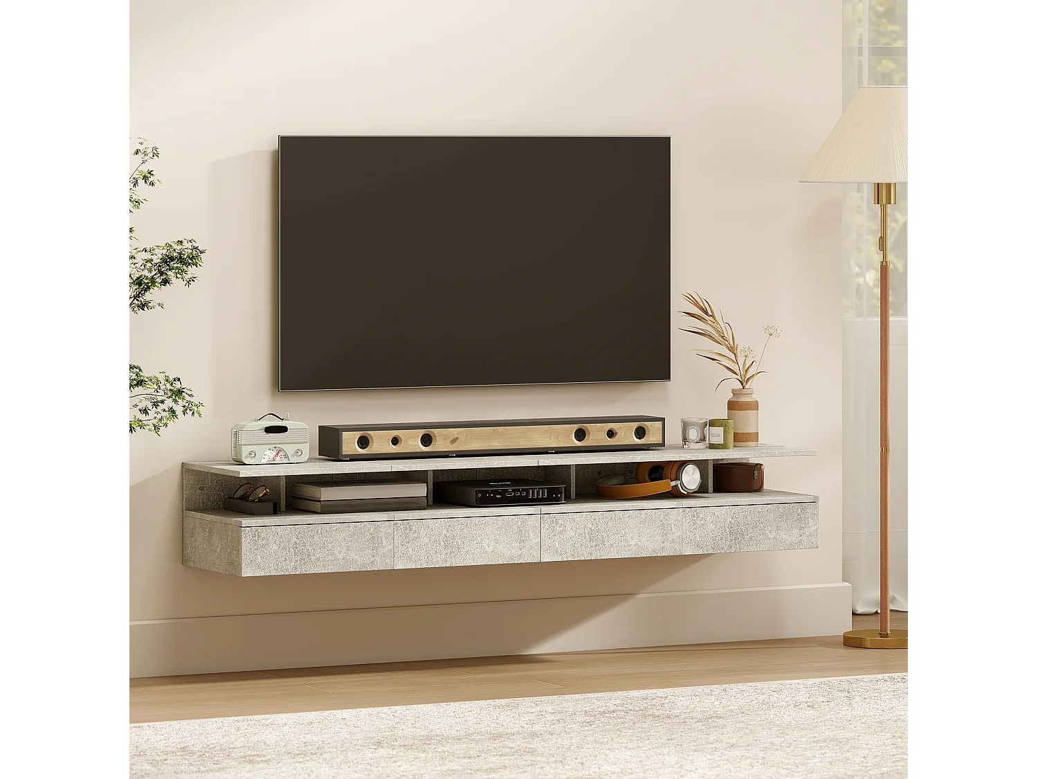 Set di 2 comodini sospesi con cassetto e ripiano grigio cemento