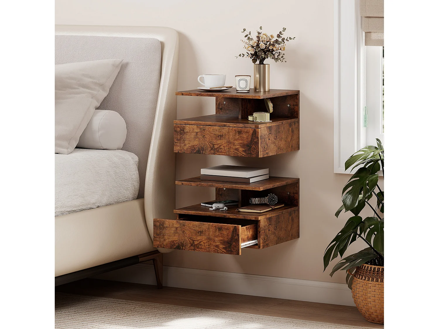 Set di 2 comodini sospesi con cassetto e ripiano marrone rustico