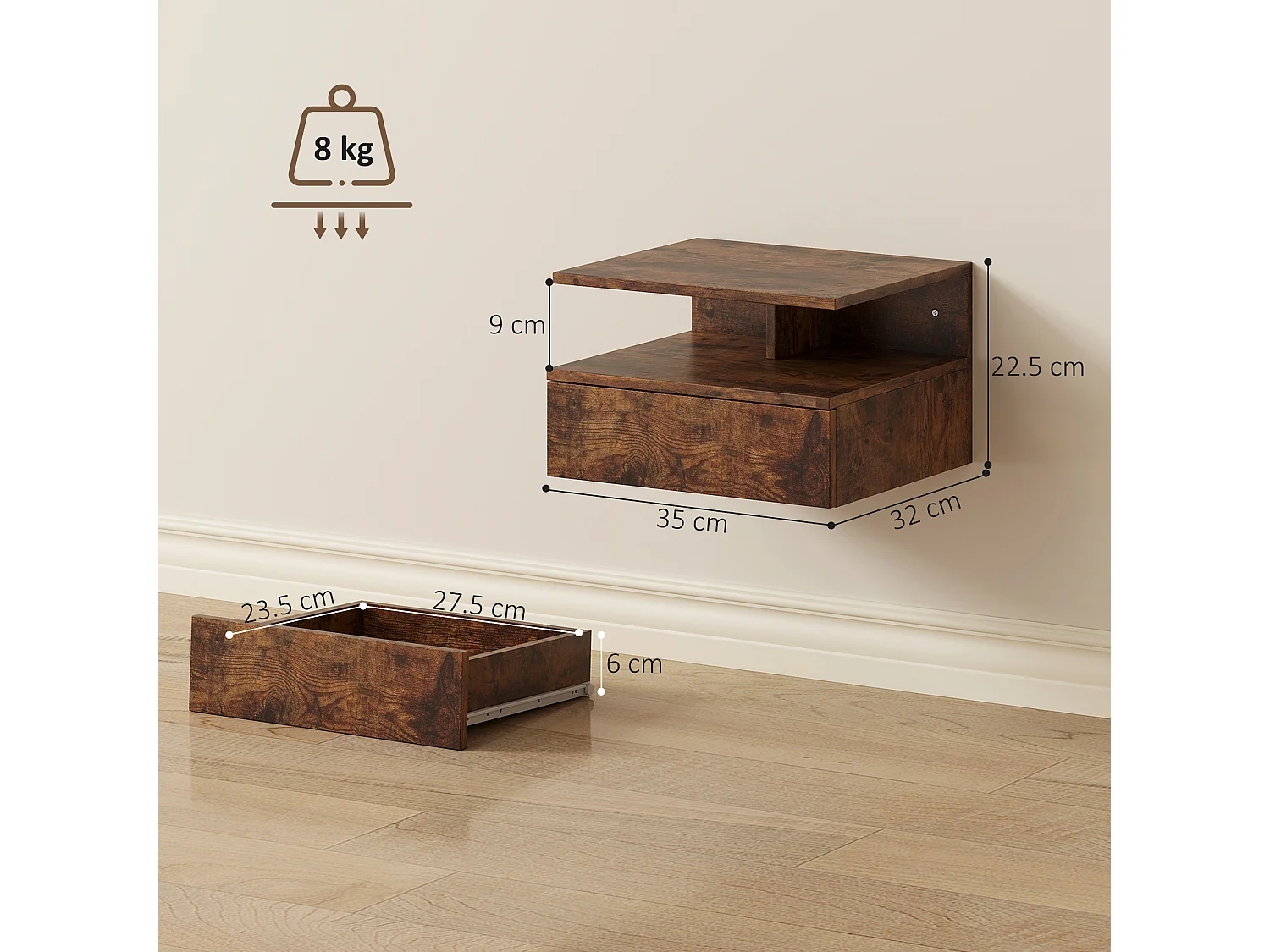 Set di 2 comodini sospesi con cassetto e ripiano marrone rustico