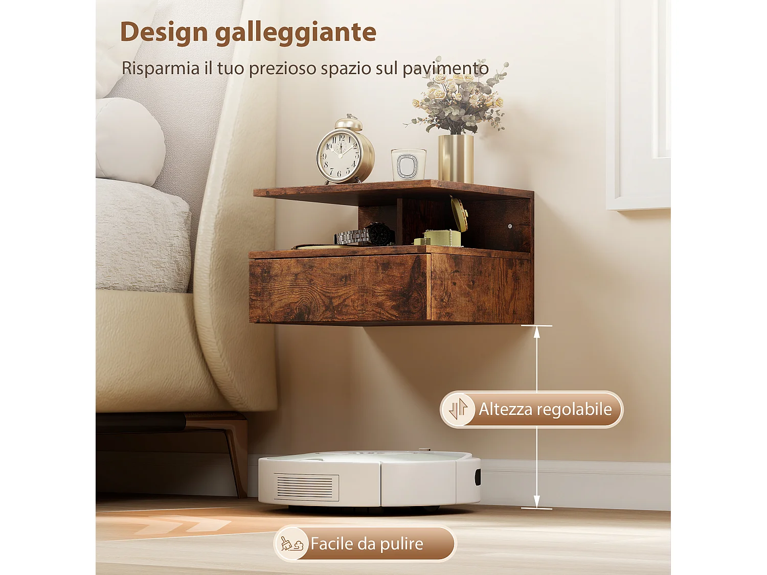 Set di 2 comodini sospesi con cassetto e ripiano marrone rustico