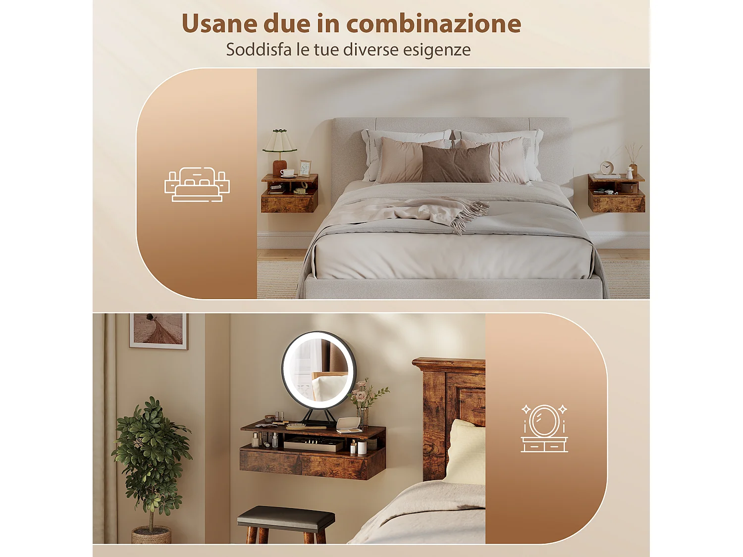 Set di 2 comodini sospesi con cassetto e ripiano marrone rustico