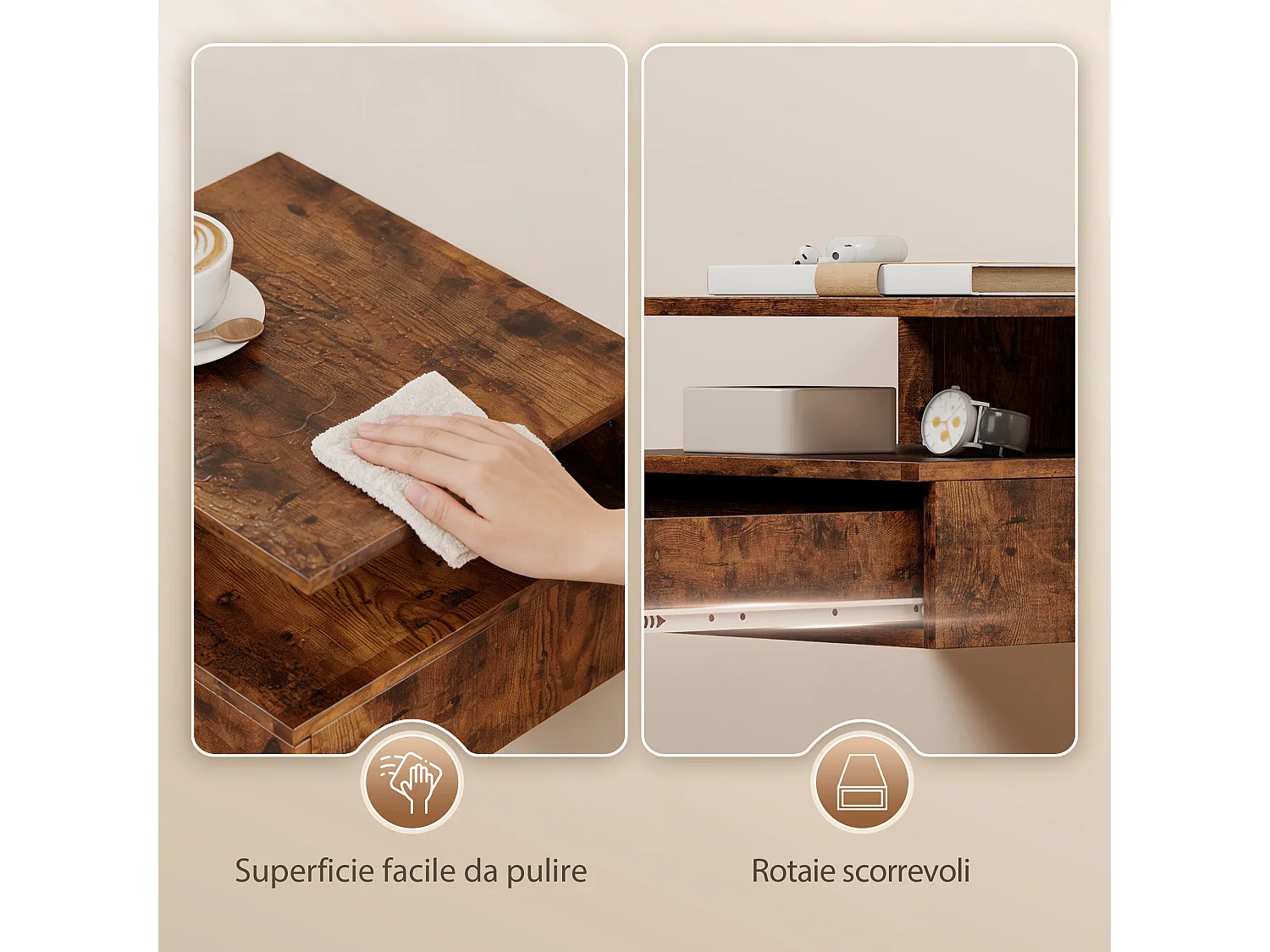 Set di 2 comodini sospesi con cassetto e ripiano marrone rustico