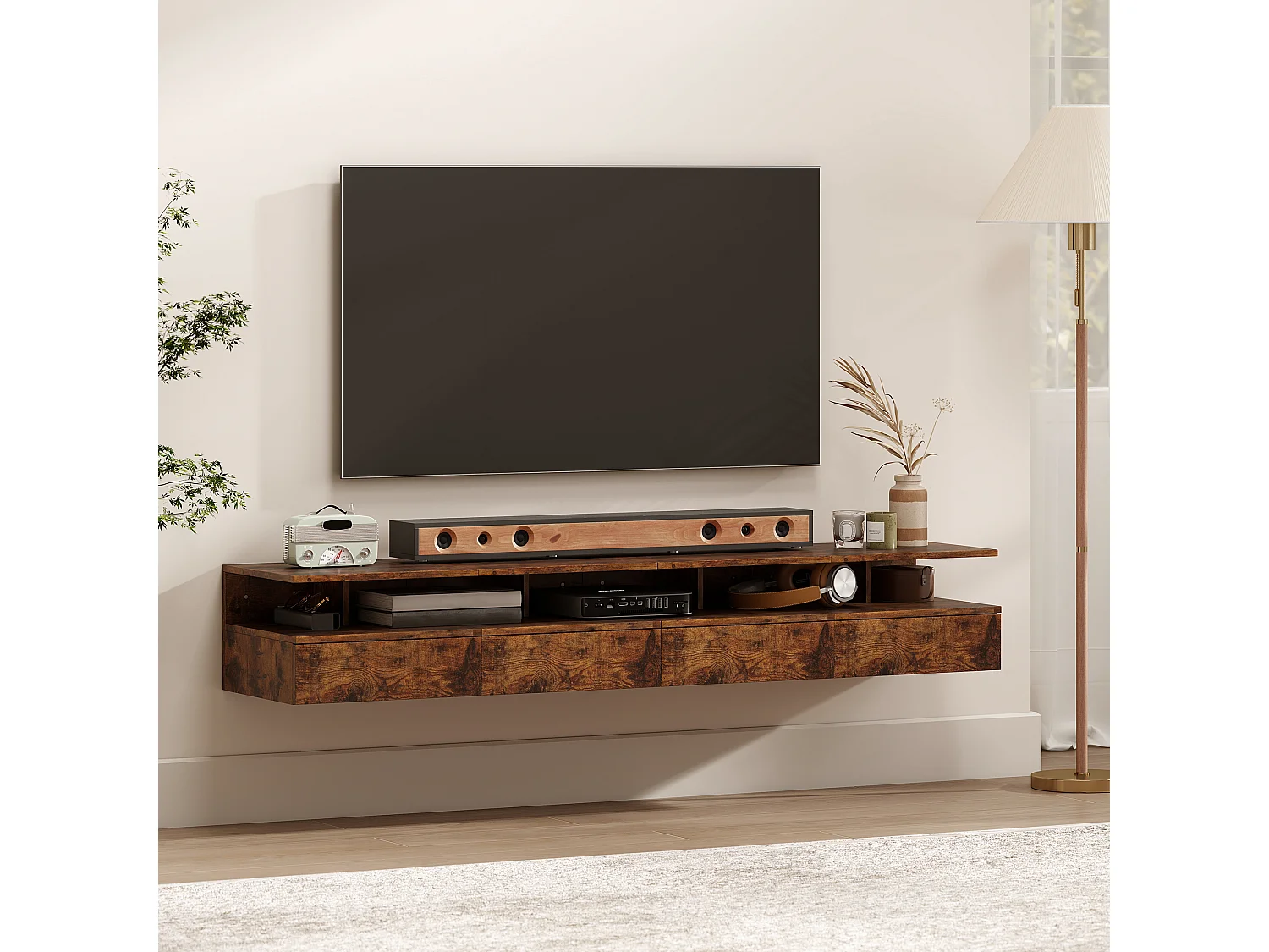 Set di 2 comodini sospesi con cassetto e ripiano marrone rustico