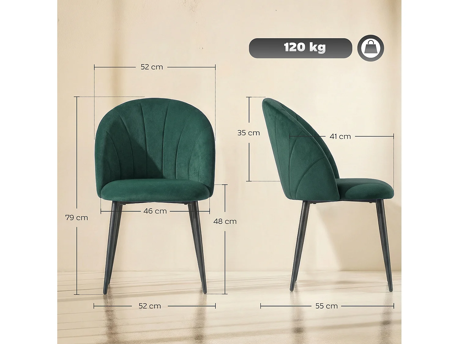 Set 2 sedie da pranzo con schienale conchiglia in velluto verde scuro