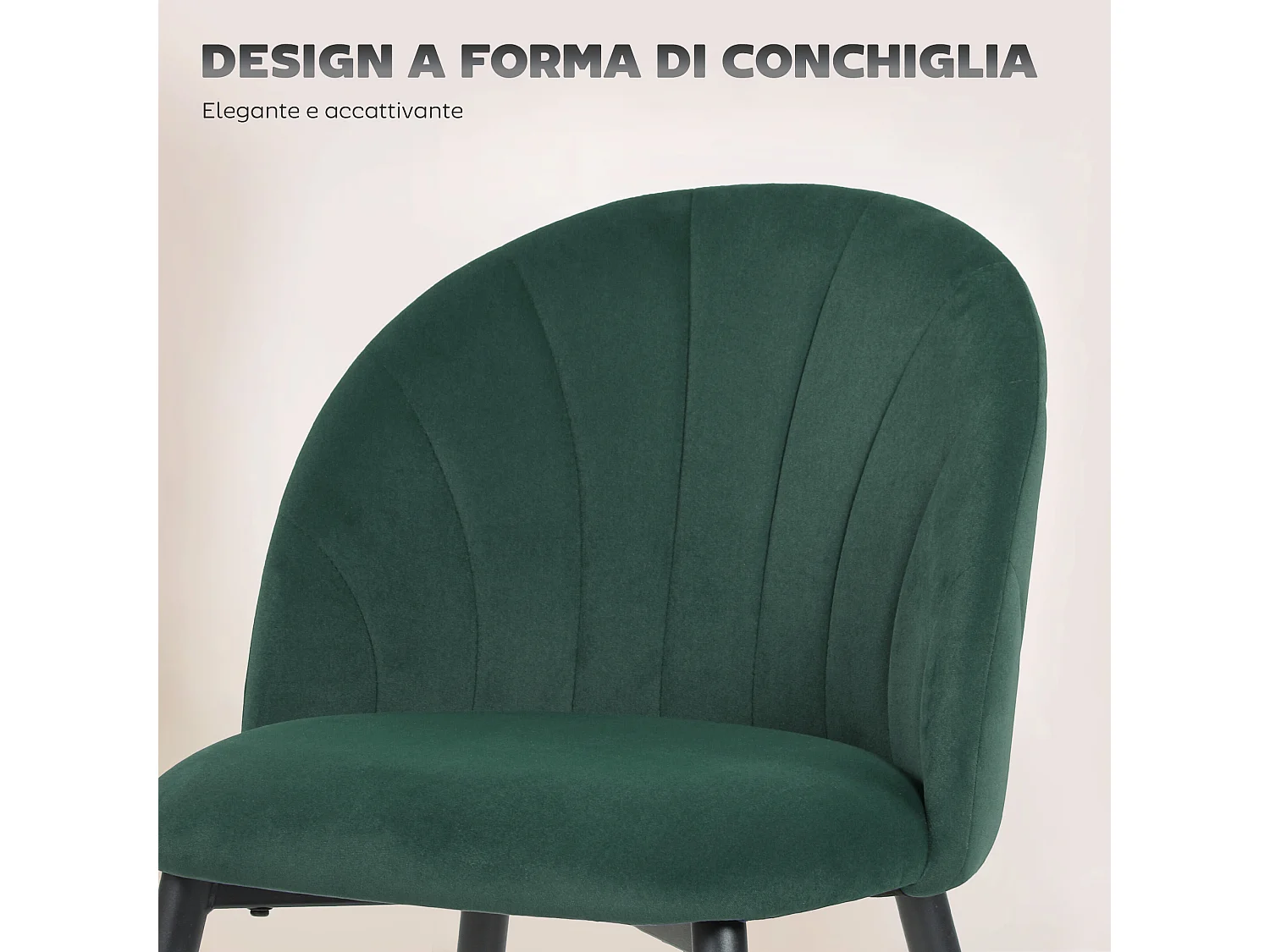 Set 2 sedie da pranzo con schienale conchiglia in velluto verde scuro