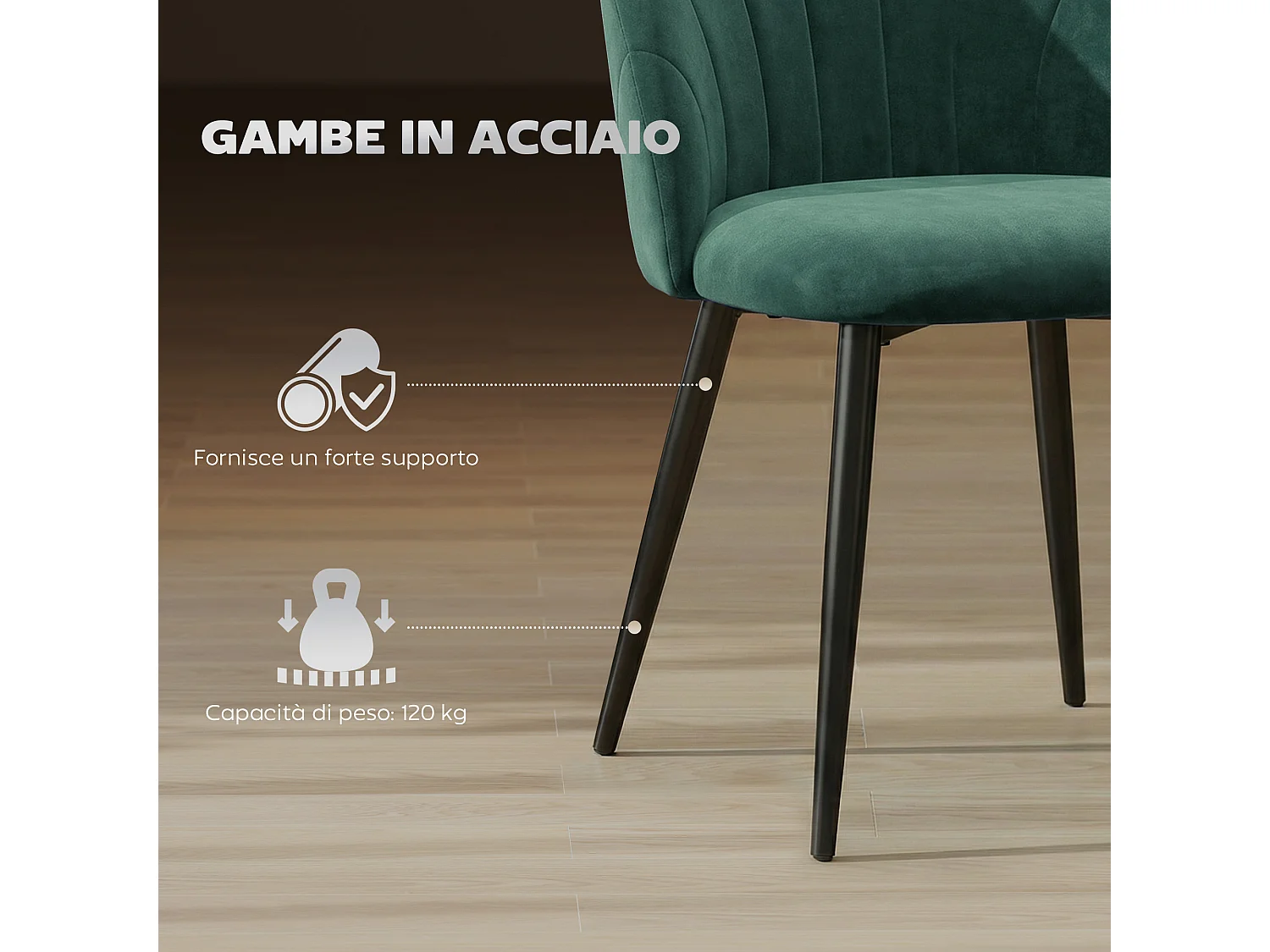 Set 2 sedie da pranzo con schienale conchiglia in velluto verde scuro