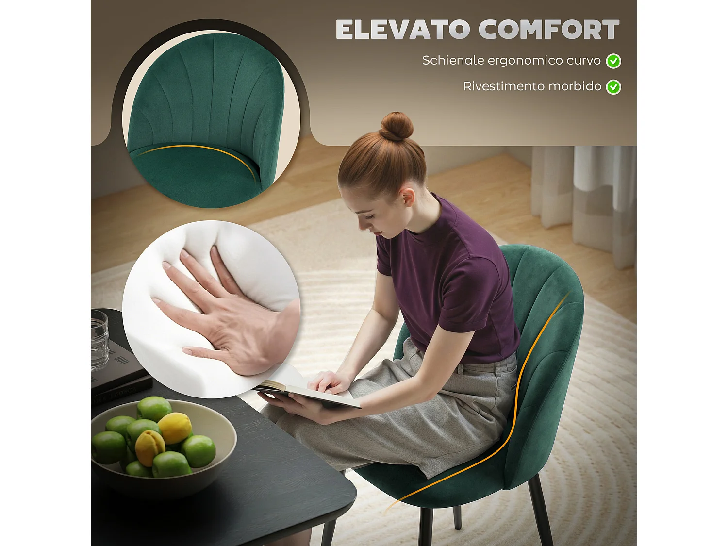 Set 2 sedie da pranzo con schienale conchiglia in velluto verde scuro