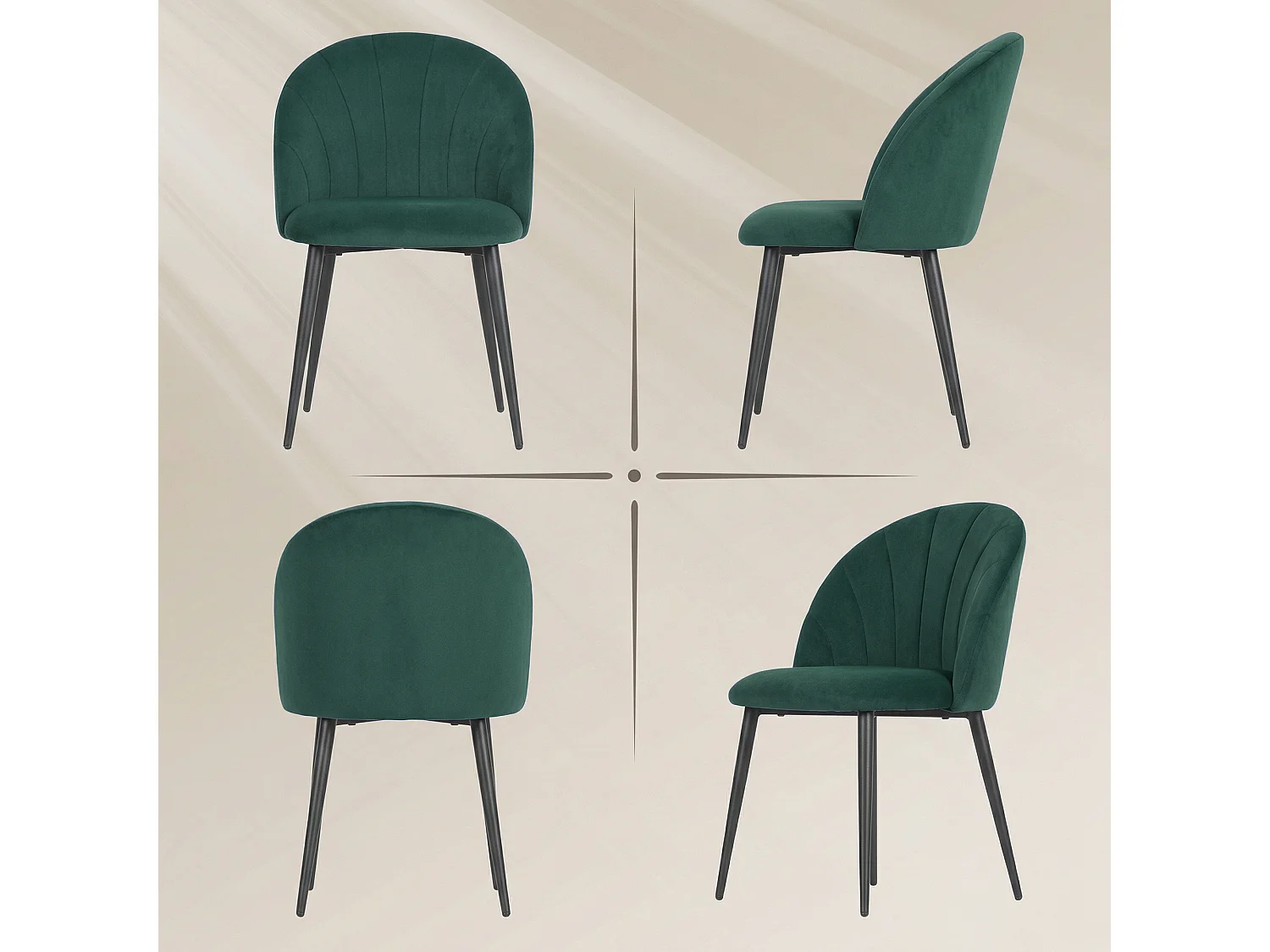 Set 2 sedie da pranzo con schienale conchiglia in velluto verde scuro