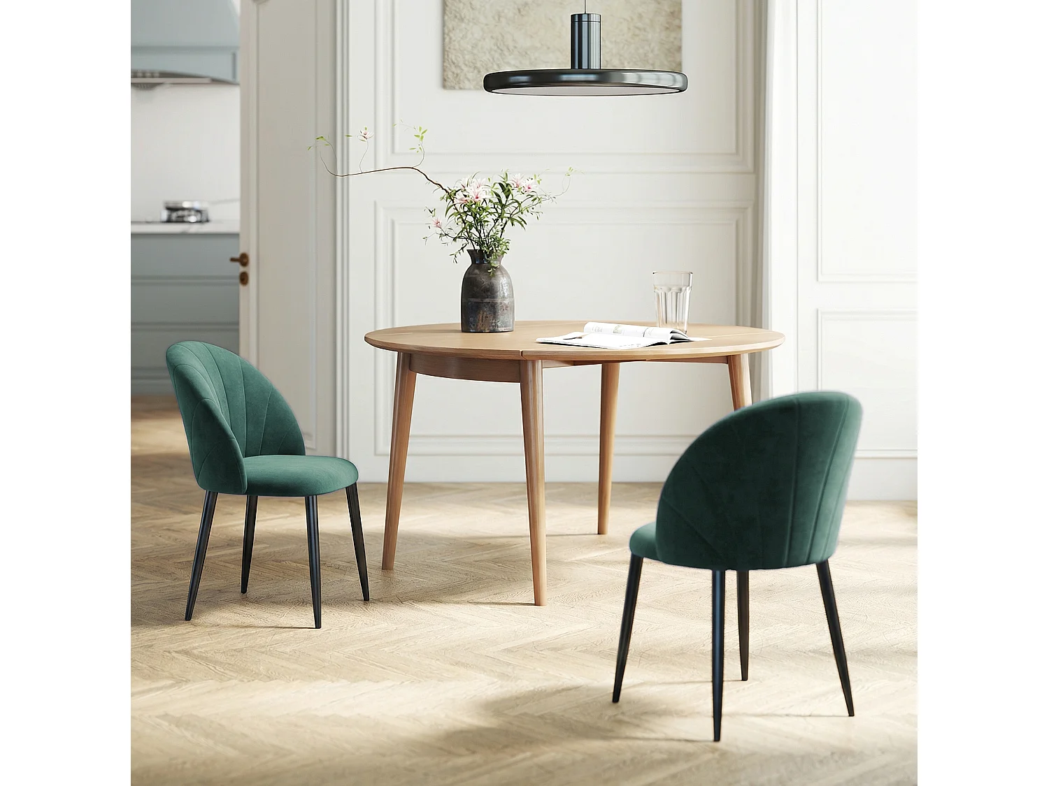 Set 2 sedie da pranzo con schienale conchiglia in velluto verde scuro