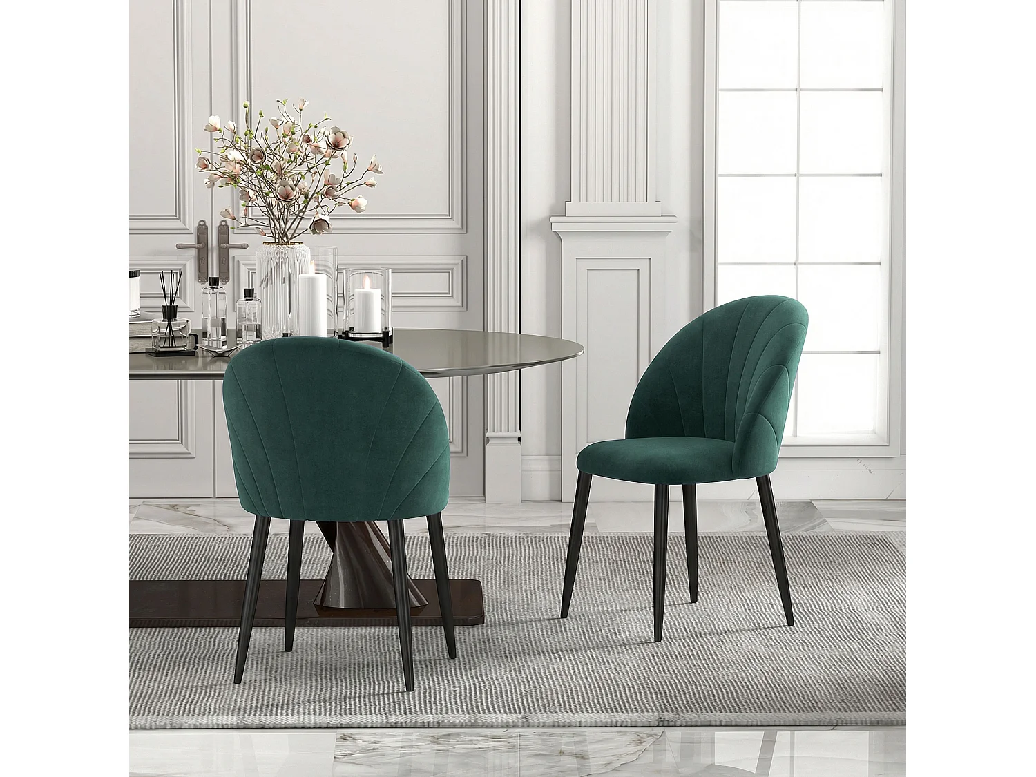 Set 2 sedie da pranzo con schienale conchiglia in velluto verde scuro