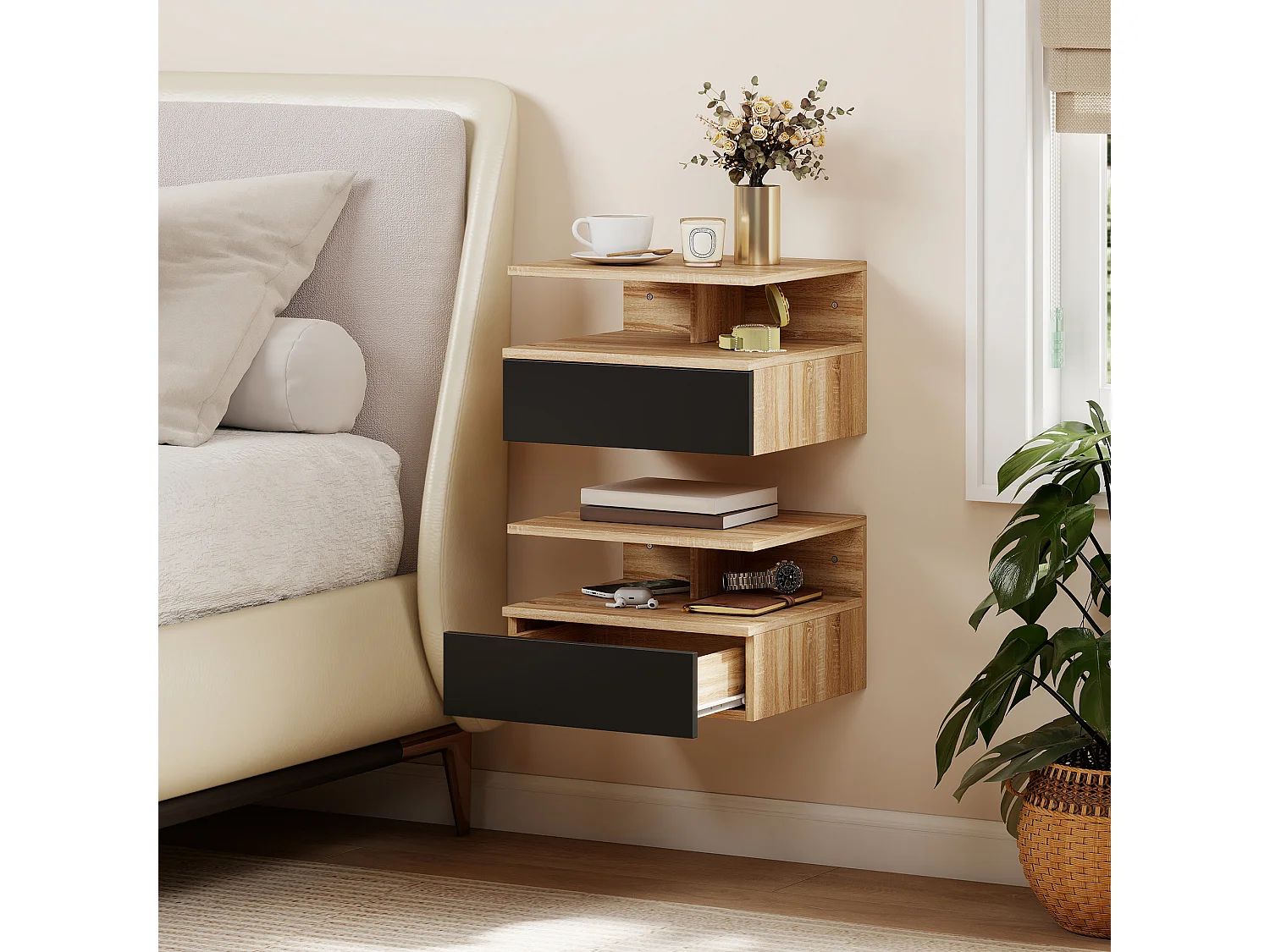 Set di 2 comodini sospesi con cassetto e ripiano nero e rovere