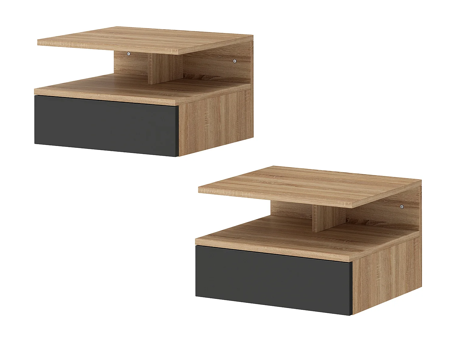 Set di 2 comodini sospesi con cassetto e ripiano nero e rovere