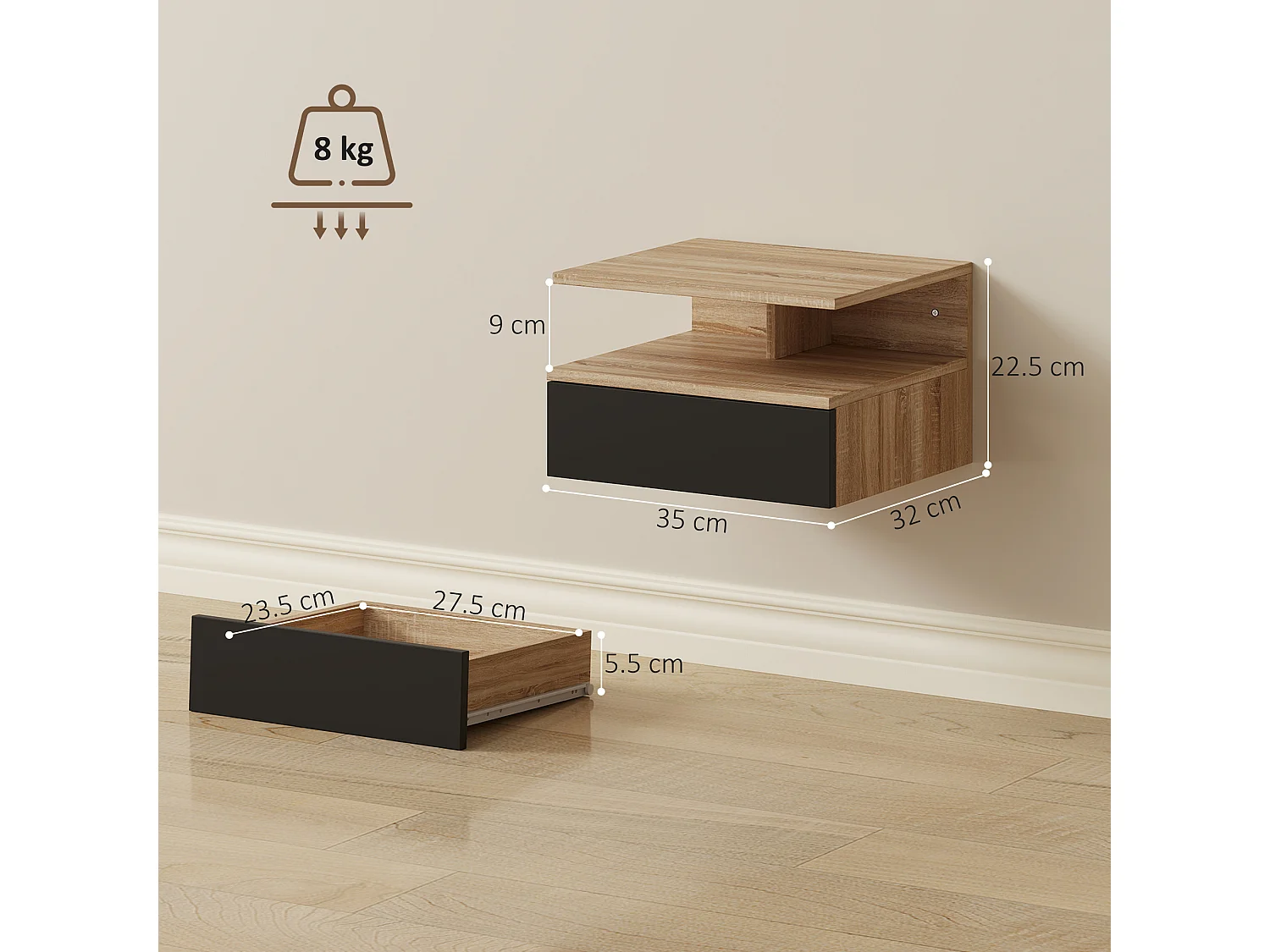 Set di 2 comodini sospesi con cassetto e ripiano nero e rovere