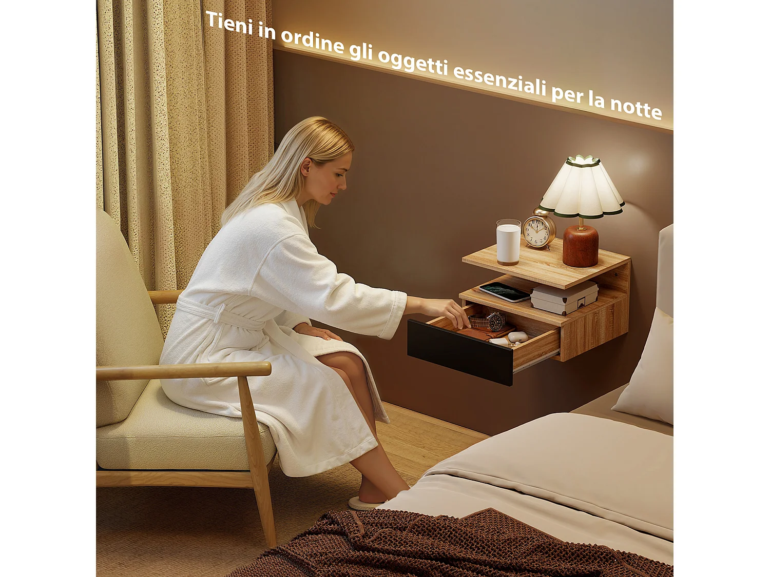 Set di 2 comodini sospesi con cassetto e ripiano nero e rovere