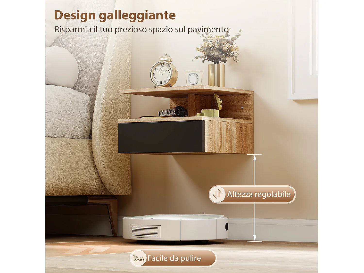 Set di 2 comodini sospesi con cassetto e ripiano nero e rovere